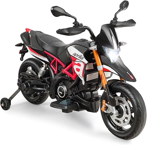 OLAKIDS Motocicleta para niños de 12 V motor eléctrico con licencia Aprilia con ruedas de entrenamiento suspensión de resorte música cuerno luces