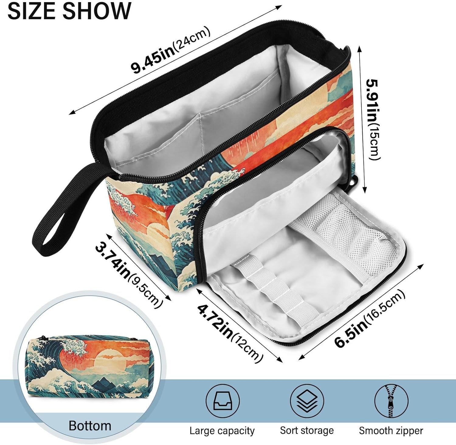 Pencil Case Japanese Wave Sunset Pattern, Large Capacity Stationery Organizer Pencil Pouch Bag for Office Travel 1 Pack 9.4x3.7x5.9 in