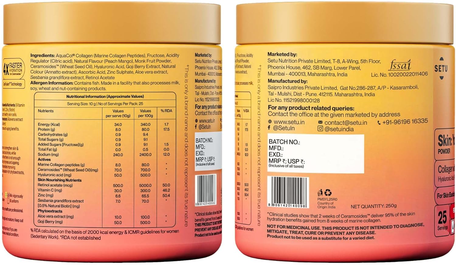 SETU Skin: Youthful with 8g Marine Collagen + Ceramosides™ for 4X Faster Hydration | Collagen Powder for Women & Men | (60 Servings)