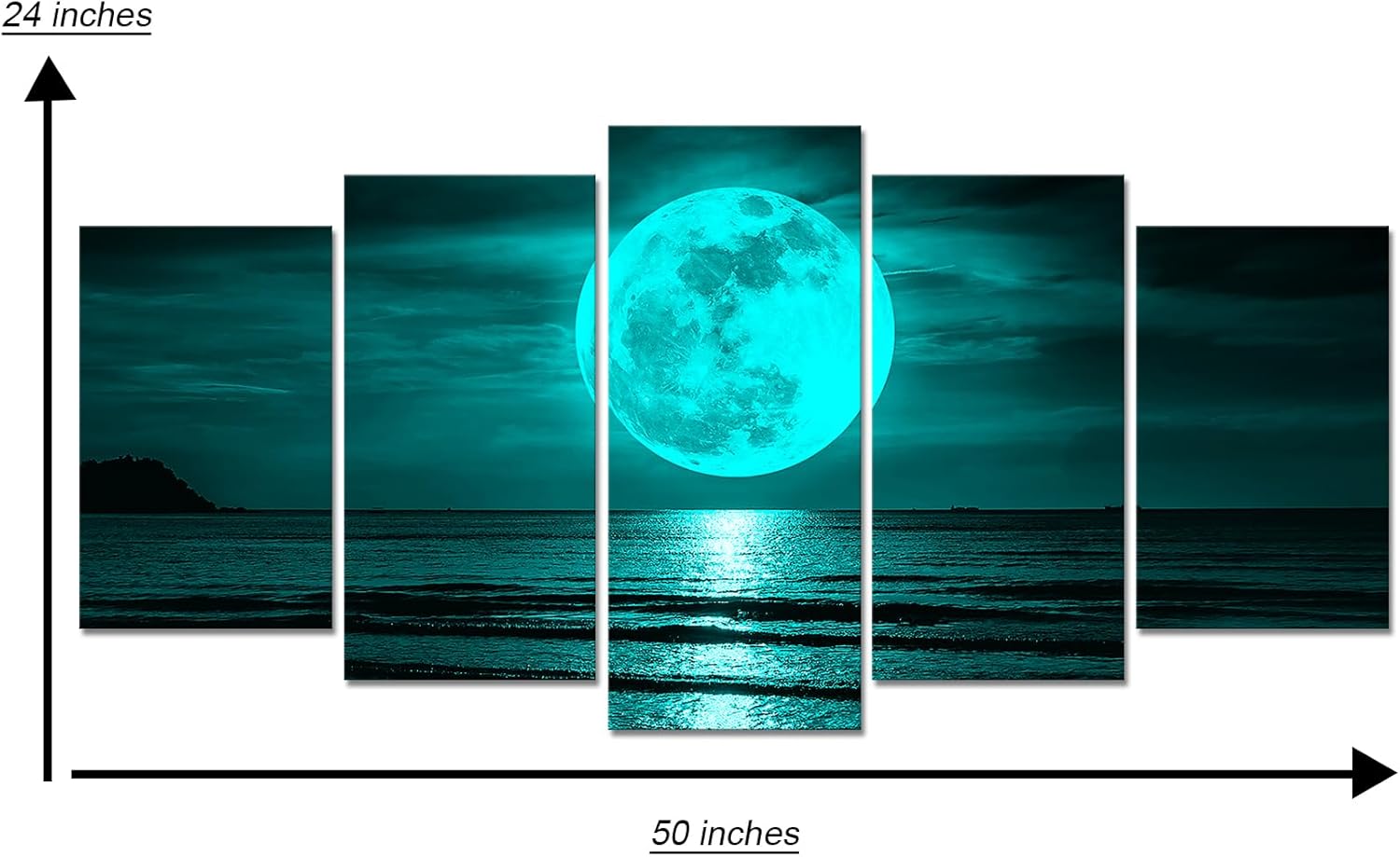 Kalormore 5 Pieces Black and White Full Moon Picture Teal Beach Landscape Peaceful Artwork for Home Bedroom Decor Gallery Wrapped Ready to Hang - Image 6