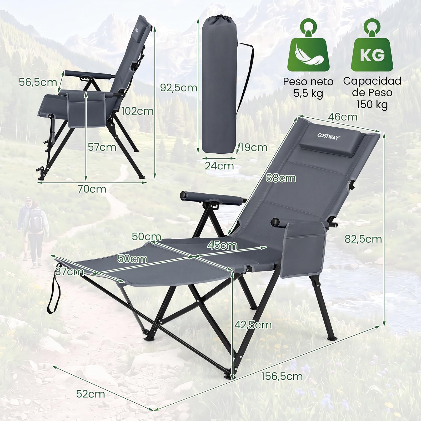 COSTWAY Silla Plegable Camping con Reposapiés Desmontable (Gris) | Tumbona Reclinable con Respaldo Ajustable de 4 Niveles, Reposacabezas, Bolsillo Lateral, Bolsa de Transporte, Jardin Playa Pi