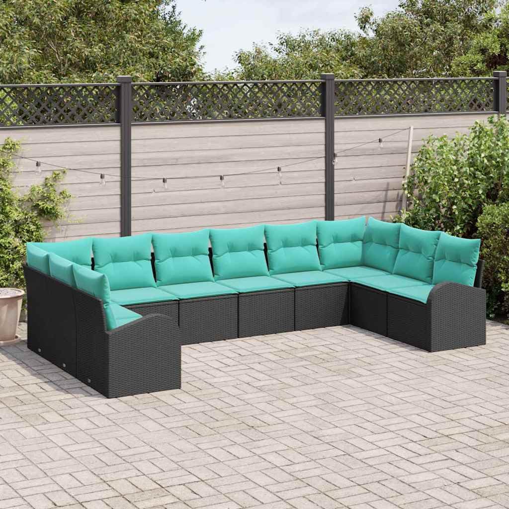 Generisch Gartensofa-Set 10 STK. Schwarz und Türkis Poly-Rattan,Gartensitzmöbel,81.6kg-3354895