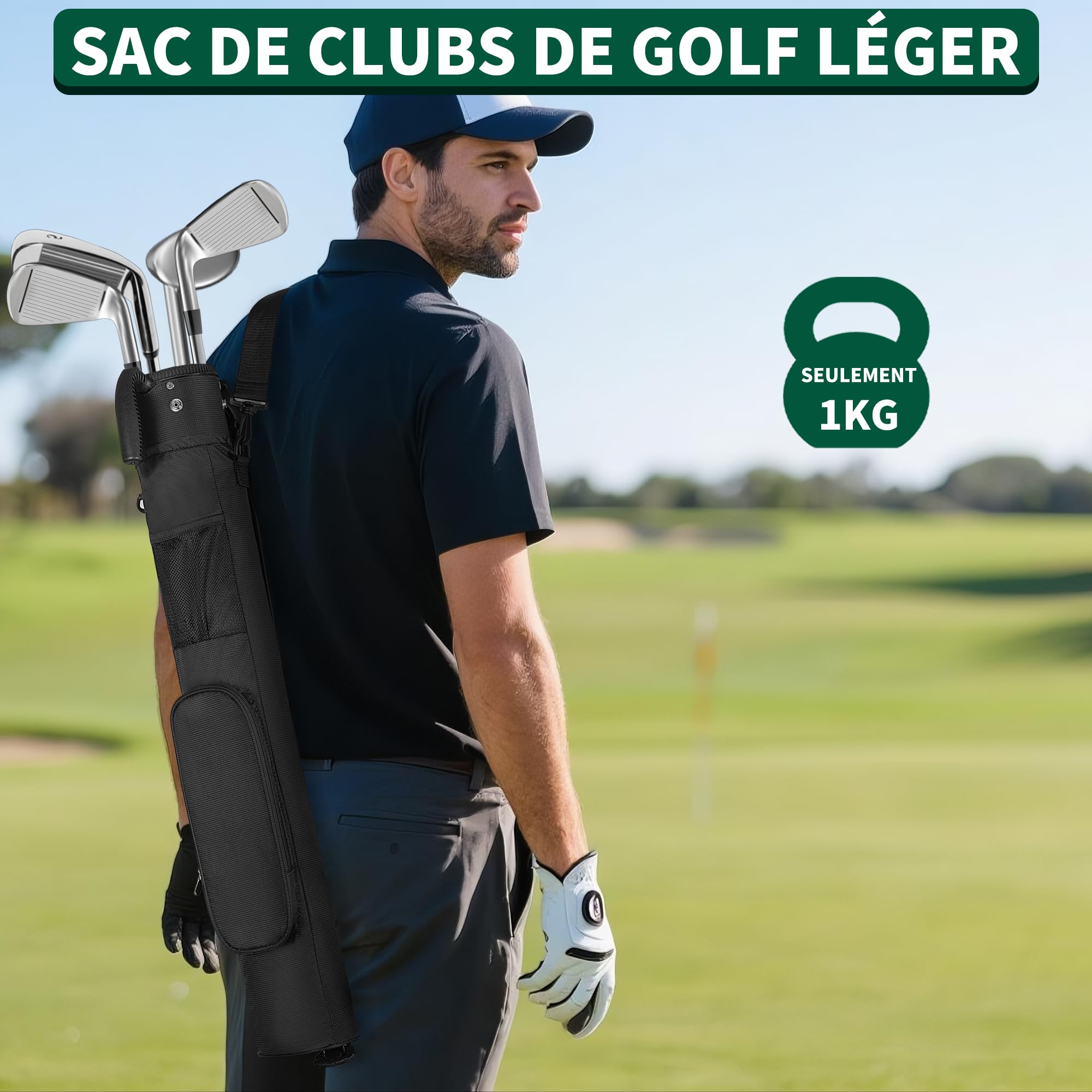 120CM Sac de Golf avec Support, Sac de Golf Léger et Portable à Pied avec 2 Poches, Bretelles Réglables pour Le Practice, Les Parcours par 3 et Les Parcours Exécutifs