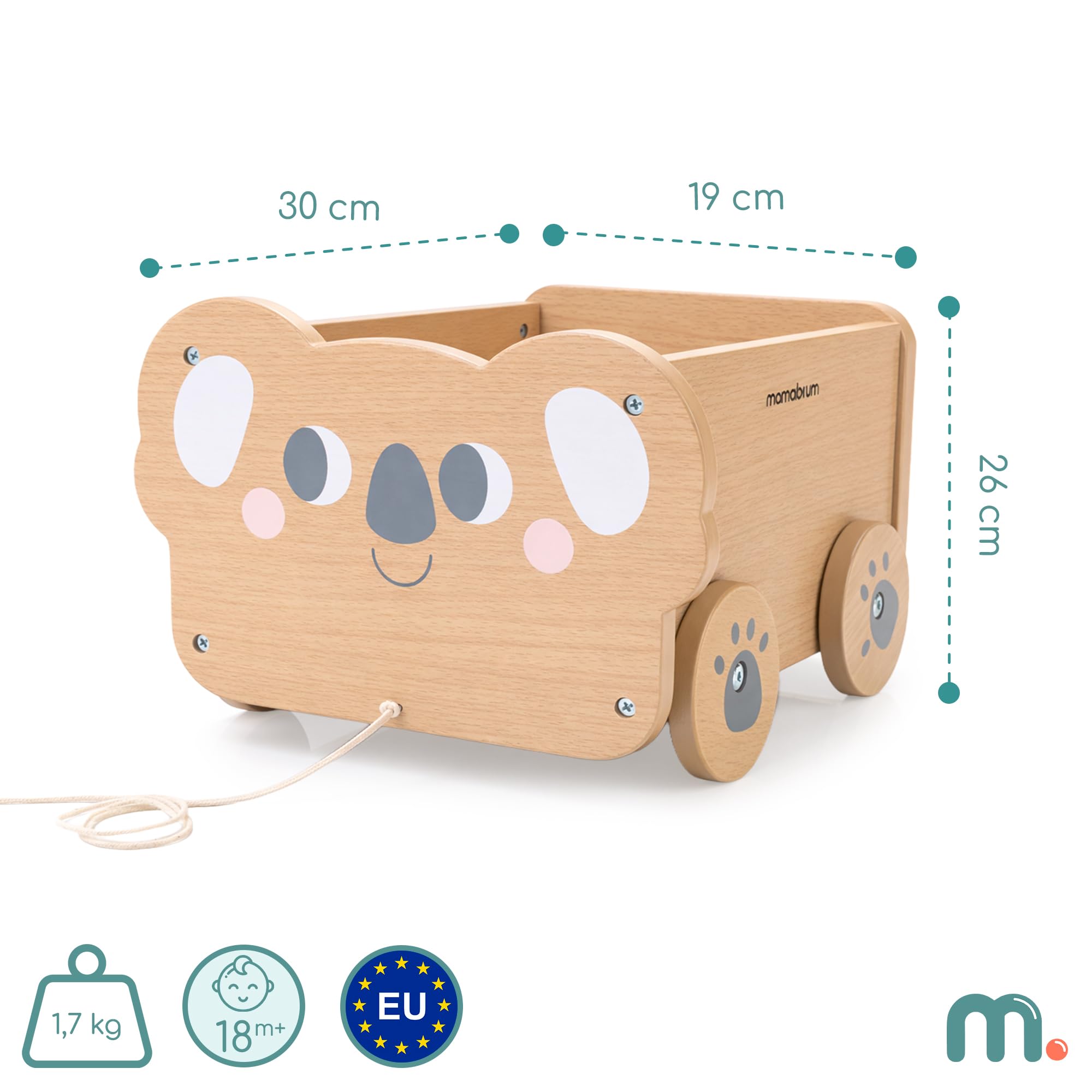 Mamabrum Carrito de Madera Koala para Niños con Cuerda, Juguete de Arrastre con Espacio de Almacenaje 5,54 l, Carro Infantil Educativo para Juego Diario