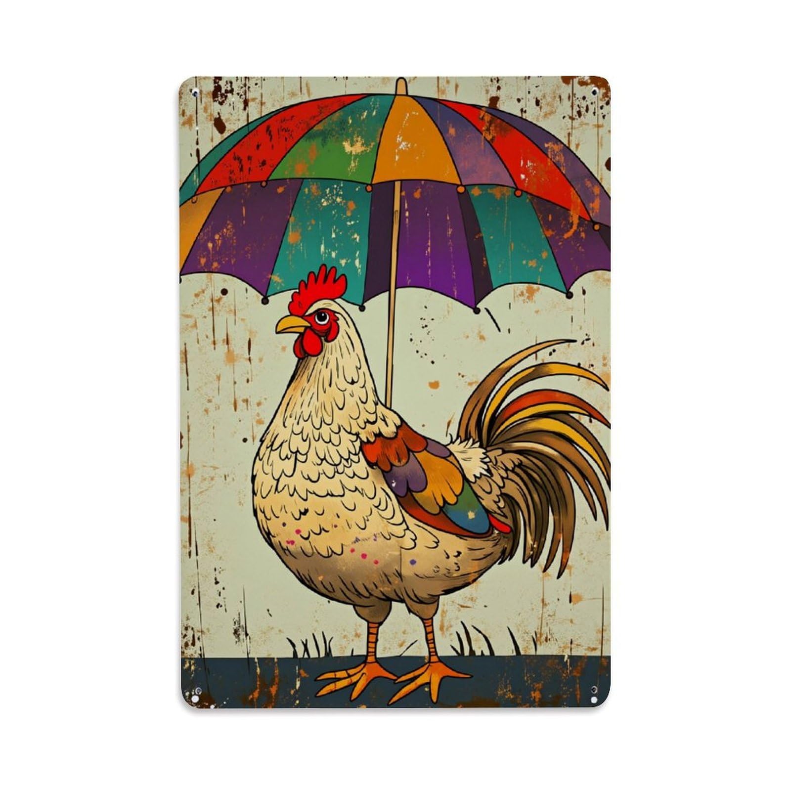 Enderetf Vintage Rooster Under Colorful Umbrella Tin Sign Metal Poster, Home Bar Garage Man Cave Cafe Indoor & Outdoor Wall Decoration 8X12inches