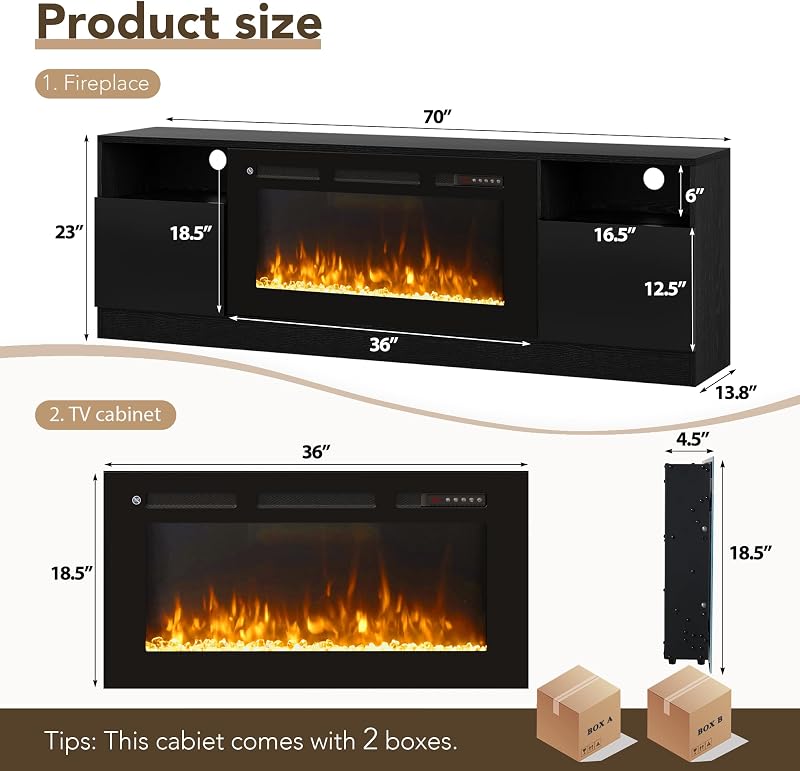 MXV Fireplace TV Stand with 36'' Electric Fireplace Up to 80" TVs, LED Light Entertainment Center, Modern Wood Texture Entertainment Stand with Highlight Storage Cabinet, Black-Black image 3