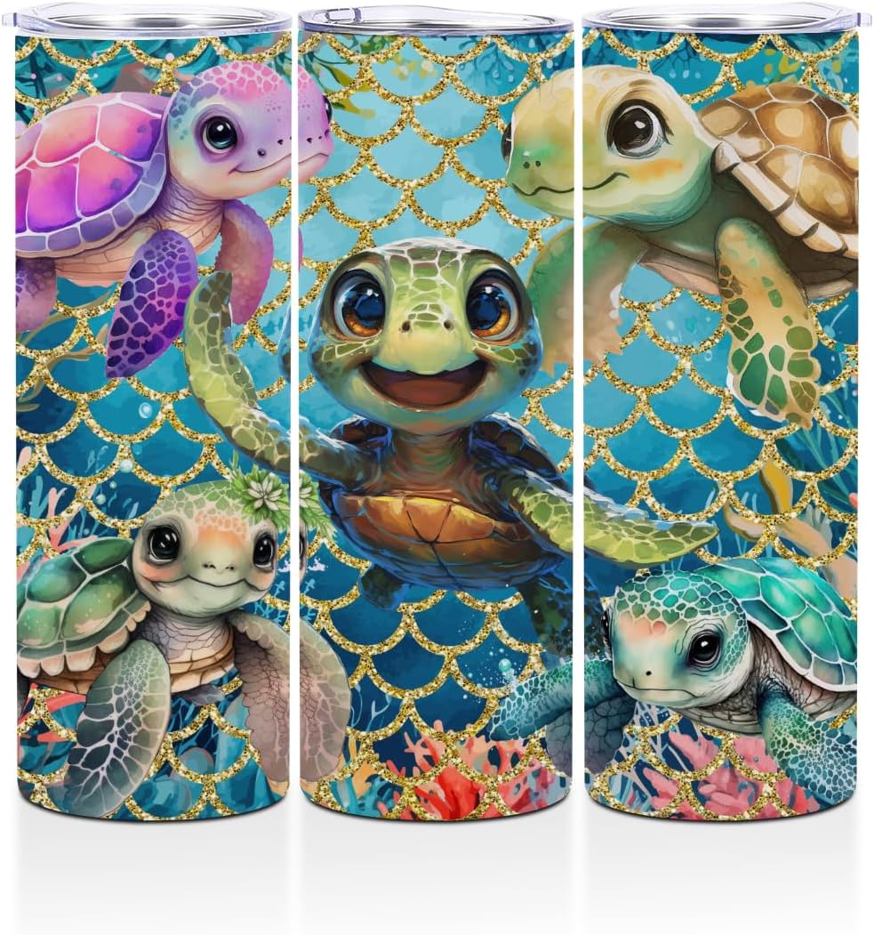 Cute Sea Turtle Decor Tumbler, 20 oz Tumbler, Insulated Coffee Mug, Stainless Steel Thermal Cup with Lid, Vacuum Travel Cup, Friendship Christmas Birthday Sea Turtle Gifts for Women Men Girls Boys