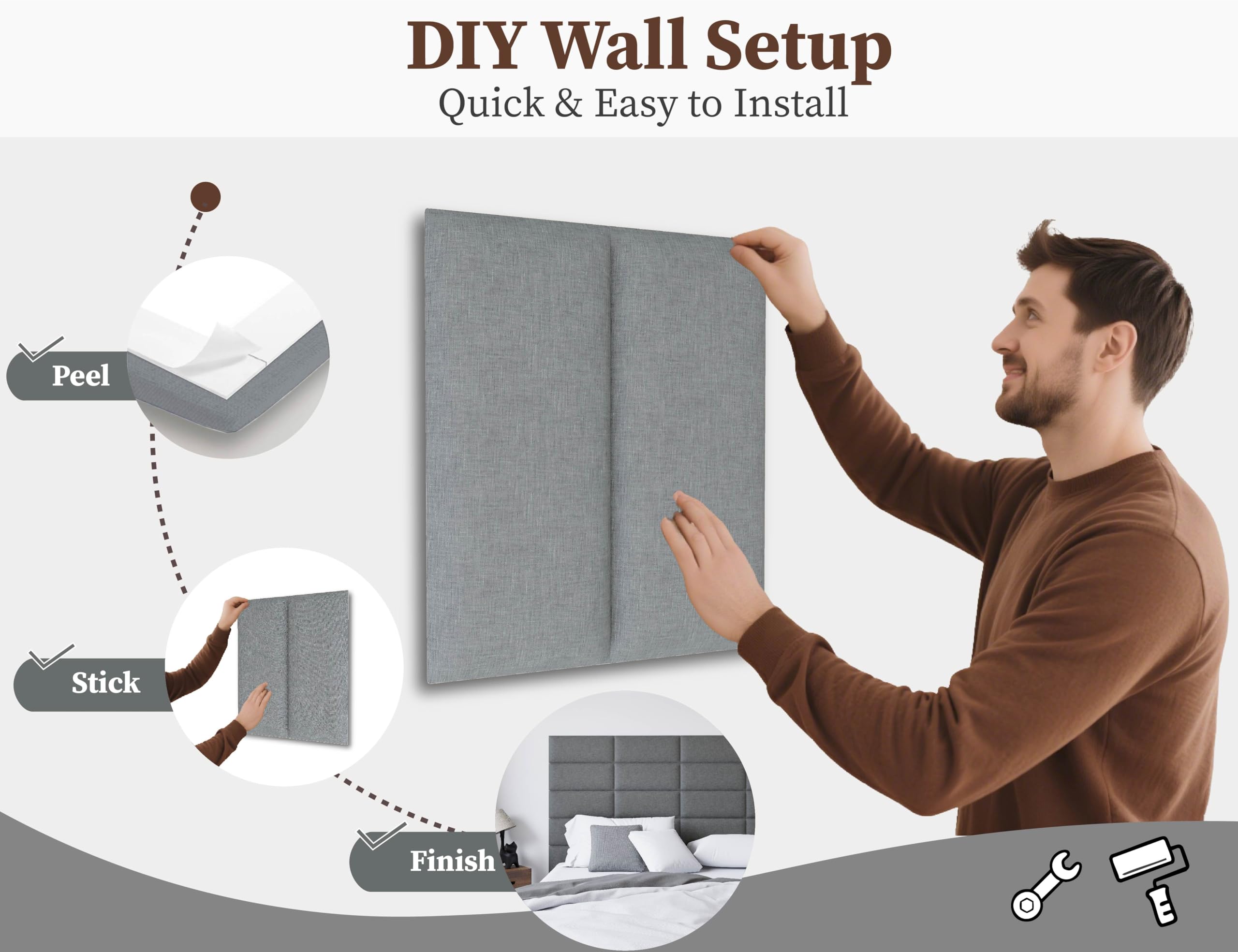 Cabecera tapizada para montar en la pared, cabecero tapizado de tela con 9 paneles, cabeceros de pared interiores para dormitorio, 10 x 24 pulgadas, color gris oscuro 2