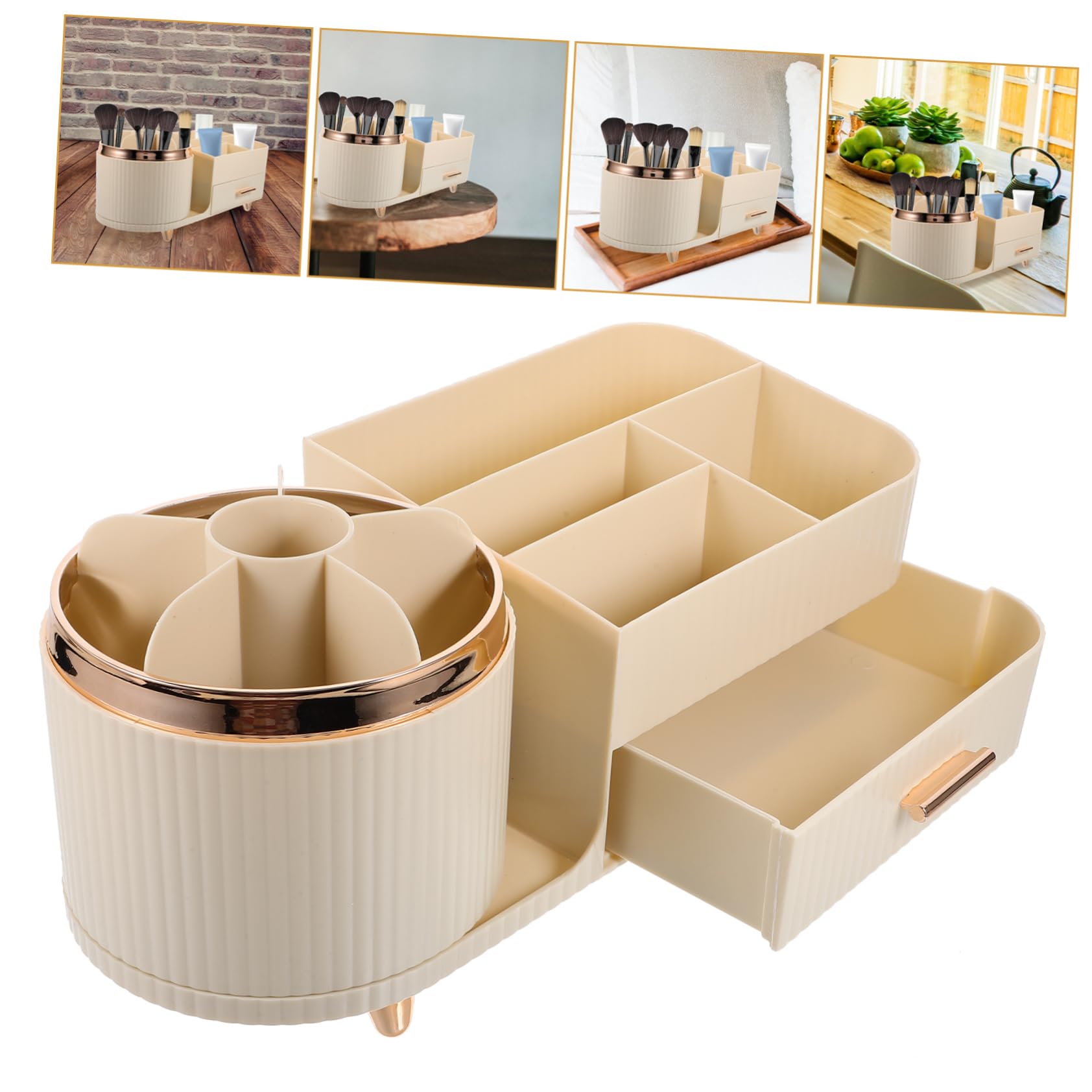 Drehbarer Große Aufbewahrung Make mit Schublade und Fächern Pinselhalter Up Kunststoff Beige für Schminktisch und Schreibtisch
