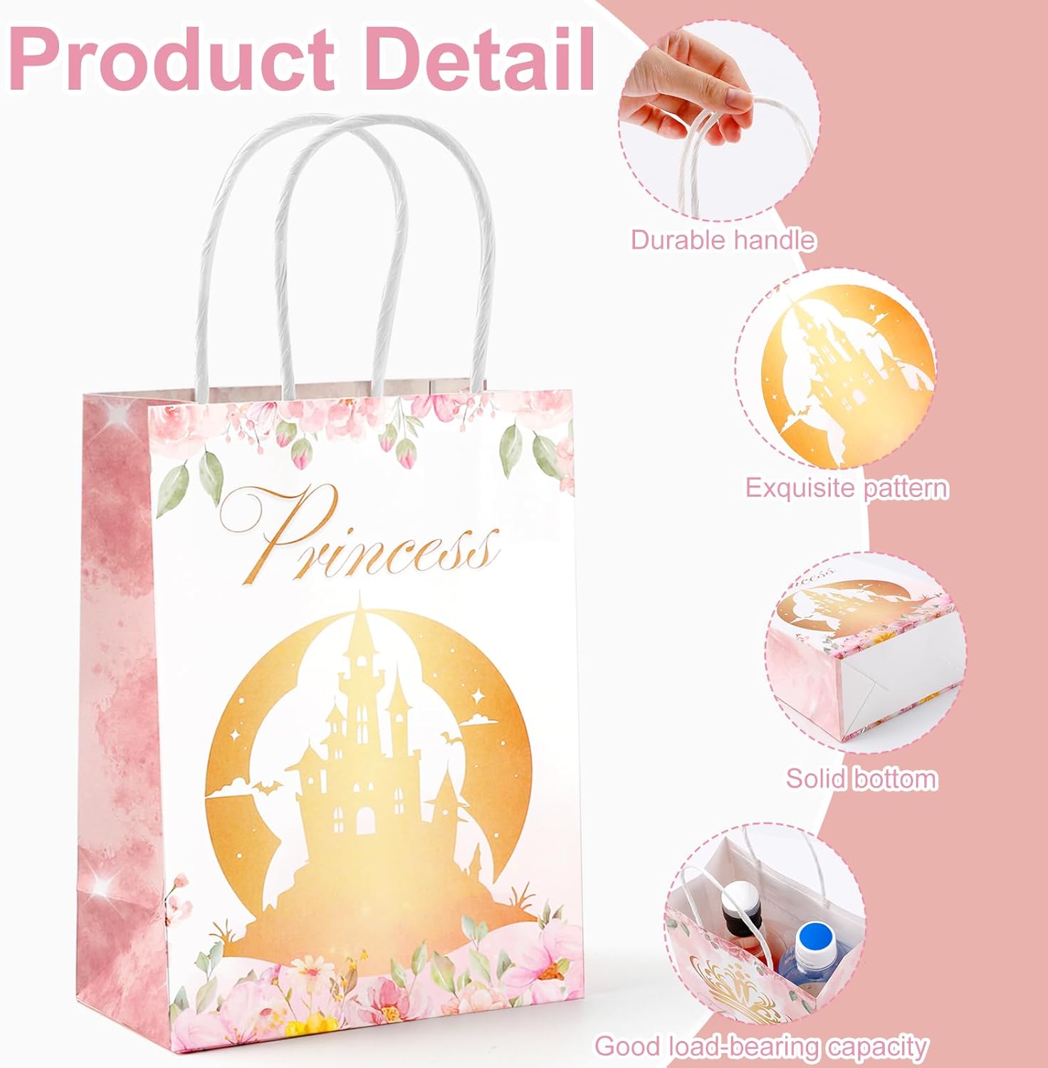 Loccmat 16 Pcs Princess Party Favor Bags,5.9 x 8.3 x 3.1 Inch Princess Gift Bags with Handle,Castle & Crown Paper Treat Bag,Candy Goodie Bag for Birthday Party,Theme Decorations,Wedding Supplies - Image 4