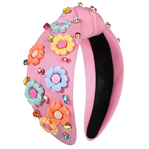 Miniatura 12 de Diademas anudadas con perlas para mujer, diademas de flores impresas con cristal de diamantes de imitación y cuentas brillantes adornadas con nudo