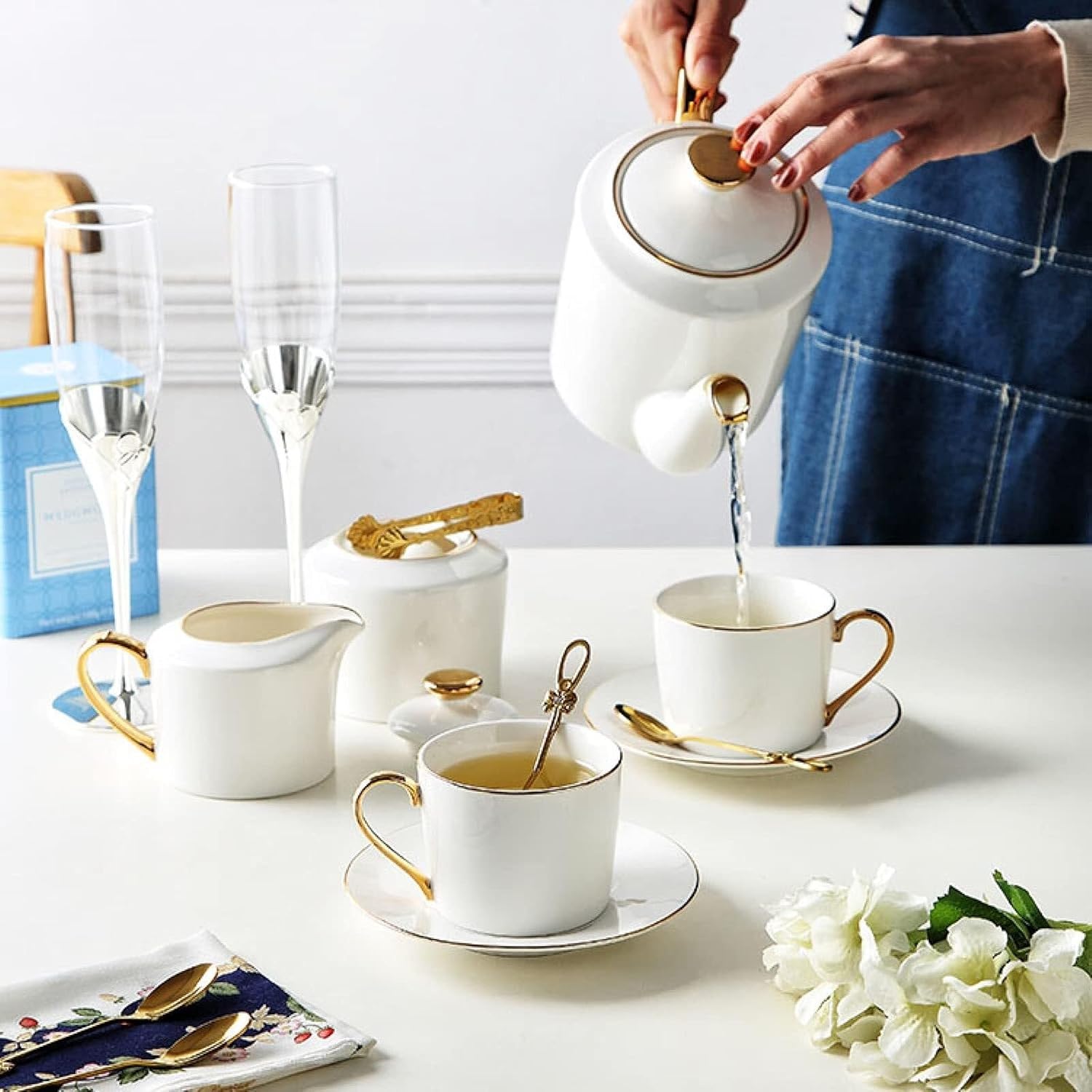 Porcelain Tea, Coffee Cups Saucers with Teapot Tray, Luxury Afternoon Gift Set, Elegant Tea/Service for Parties
