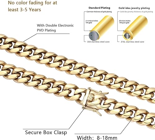 Miniatura 2 de Hip Hop - Cadena de eslabones cubanos de 14 quilates, 5 veces chapada en oro real, sólido pesado de 0.315 in-0.709 in, cadena de eslabones cubanos