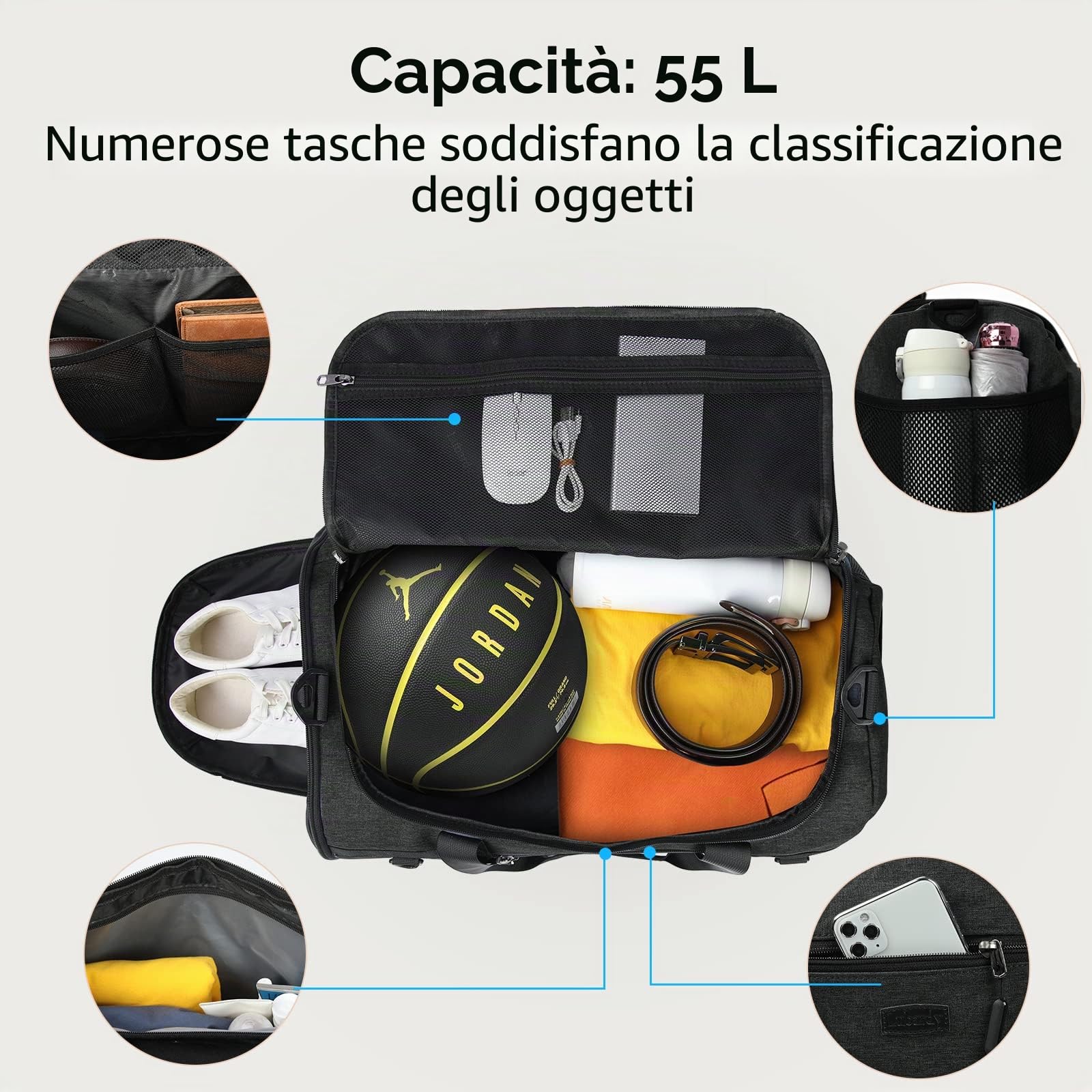 Lubardy Borsone Palestra Uomo Donna 55L Impermeabile Borsone da Viaggio Grande con Asciugamano Palestra e Scomparto Scarpe Duffel Bag Borsa Sportiva Nuoto Nero