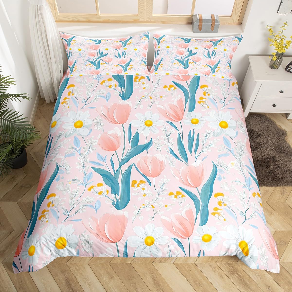 White Daisy Floral Duvet Cover Set King Size,Pink Tulips Bedding Sets 3Pcs for Kids Girls Boys Teens Room Decor,Nature Garden Flower Comforter Cover Boho Romantic Pink Quilt Cover,2 Pillowcases