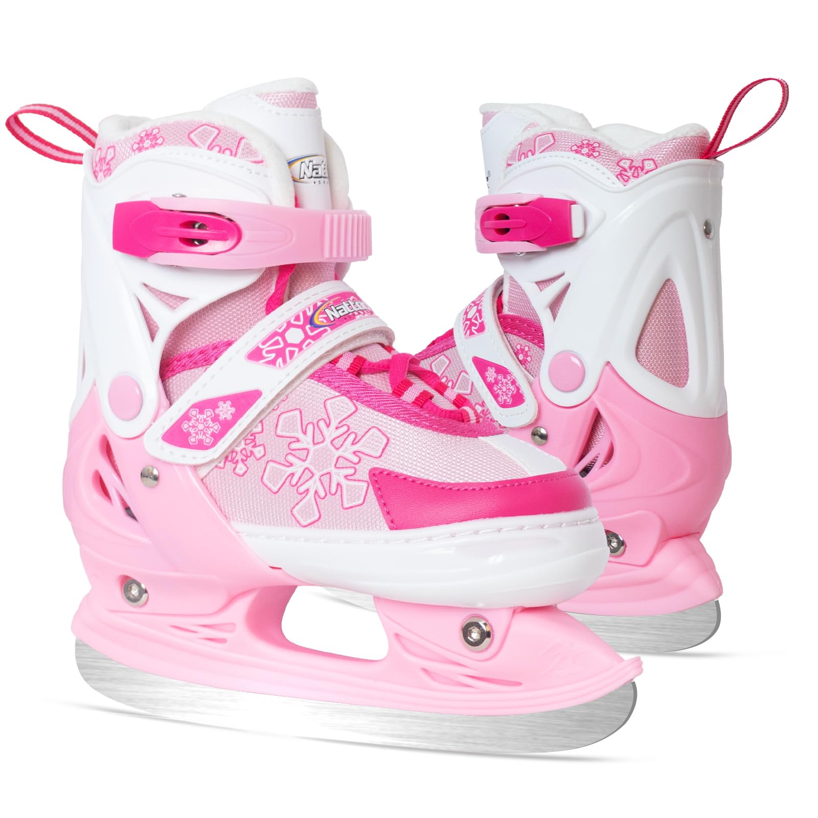 Nattork Adjustable Kids Ice Skates - 4 Size Adjustable Hockey Lace-Up Skates with Warm Plush Lining, Triple Safety Ankle Support, Stainless Steel
