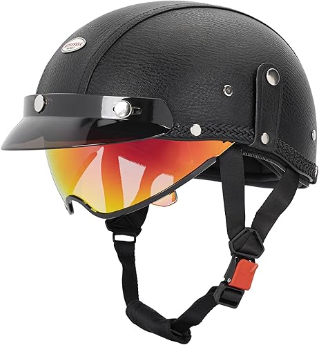 Miniatura 2 de Medio casco de motocicleta para hombres y mujeres adultos, casco de motocicleta de cara abierta con visera retráctil para el sol, certificado DOT