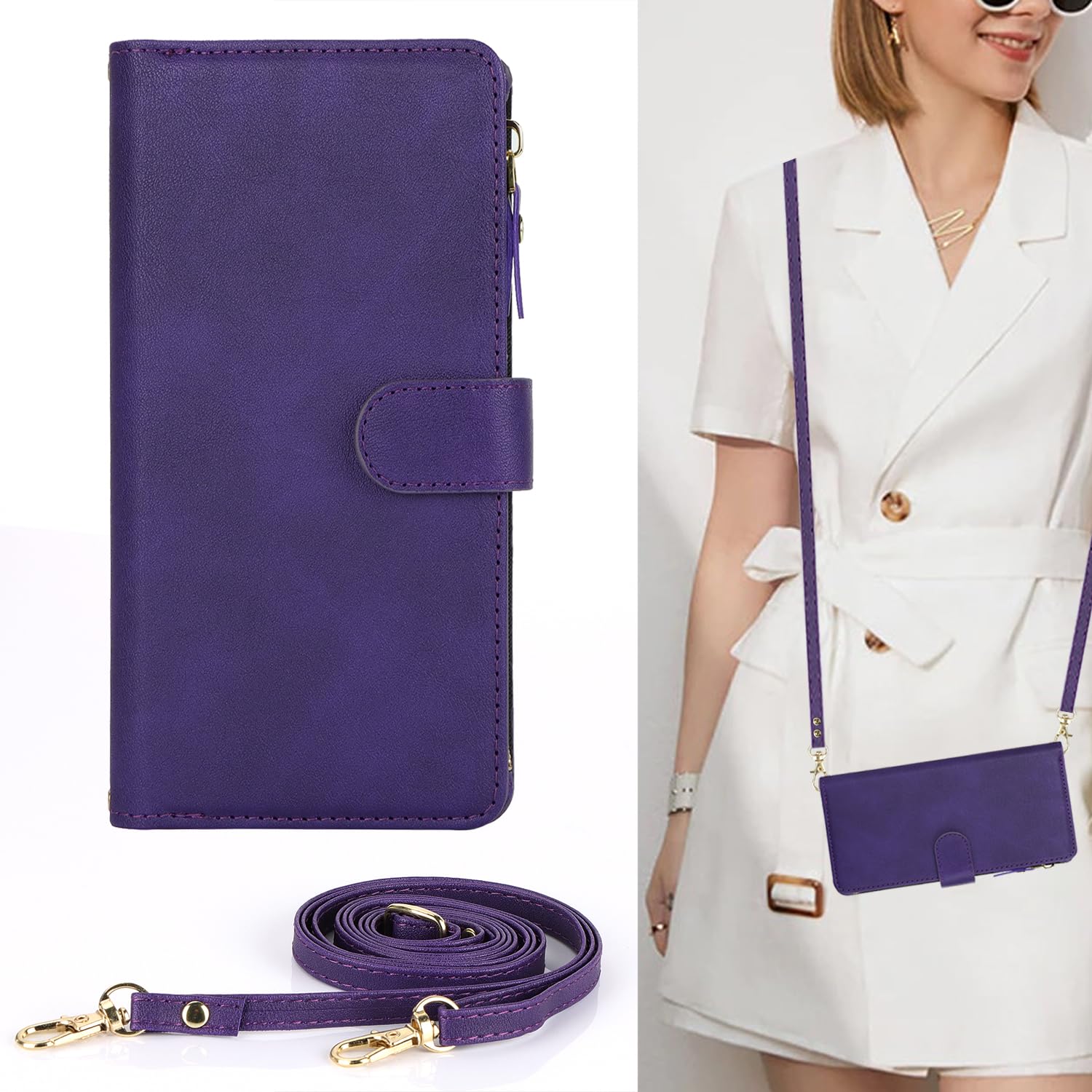 SailorTech Leather Case Crossbody Case for iPhone 15 Flip Case Folio Cover with Card Slots Magnetic Buckle Zipper Wallet Case with Adjustable Necklace Strap Lanyard Cases Purple