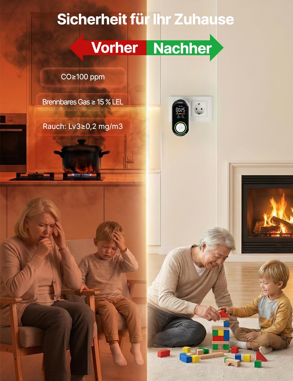 MOES 5-in-1 Gas, Rauch und Kohlenmonoxid Melder für Steckdose mit 10-Jahres-Sensor & 1000mAh Akku, CO, Gaswarngerät, Rauchwarnmelder mit Temperatur/Luftfeuchtigkeit, Alarm für Zuhause und Wohnmobil