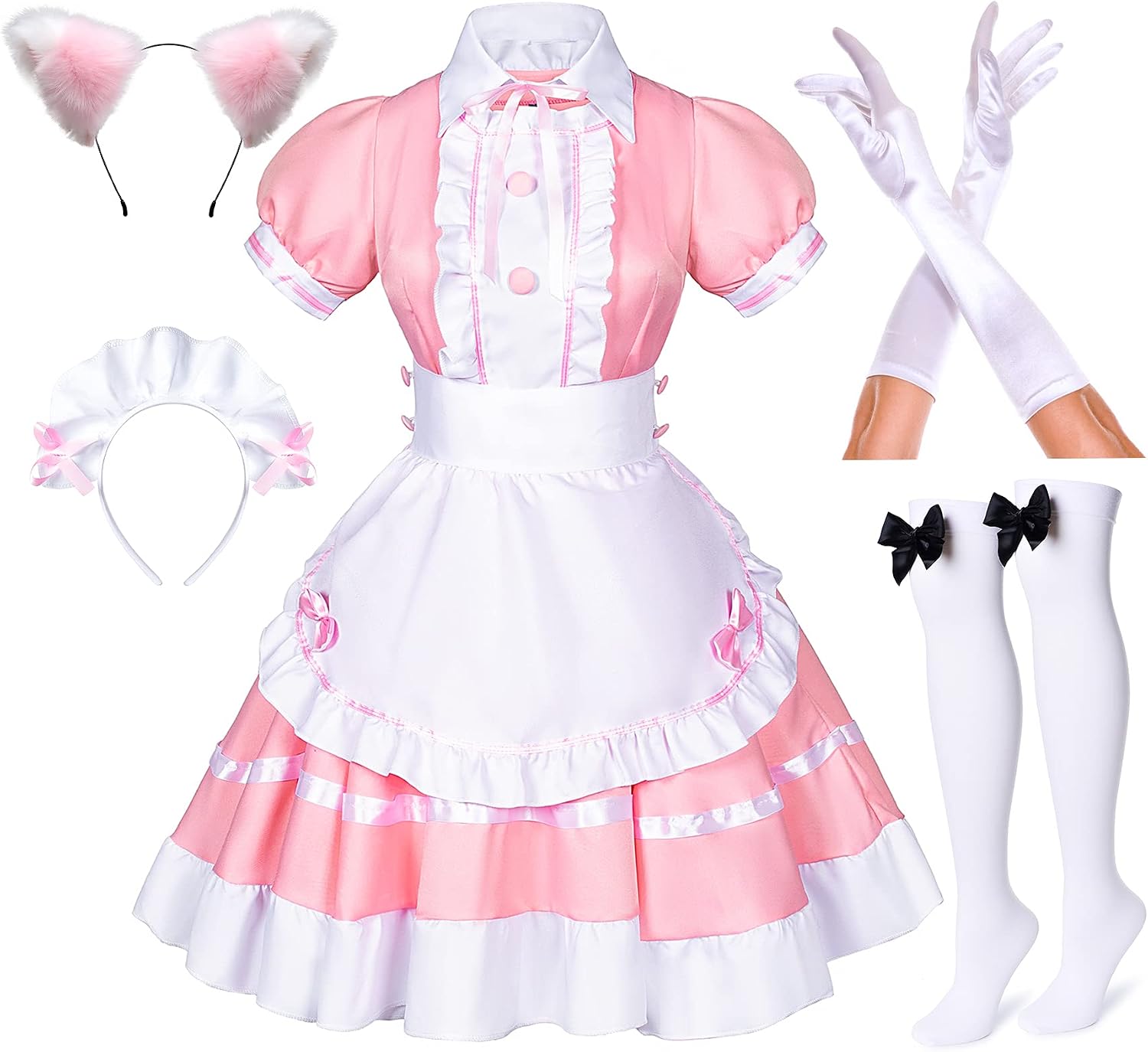 Japanese Anime Sissy Maid Dress Cosplay Sweet Classic Lolita Fancy Apron with Socks Gloves Set