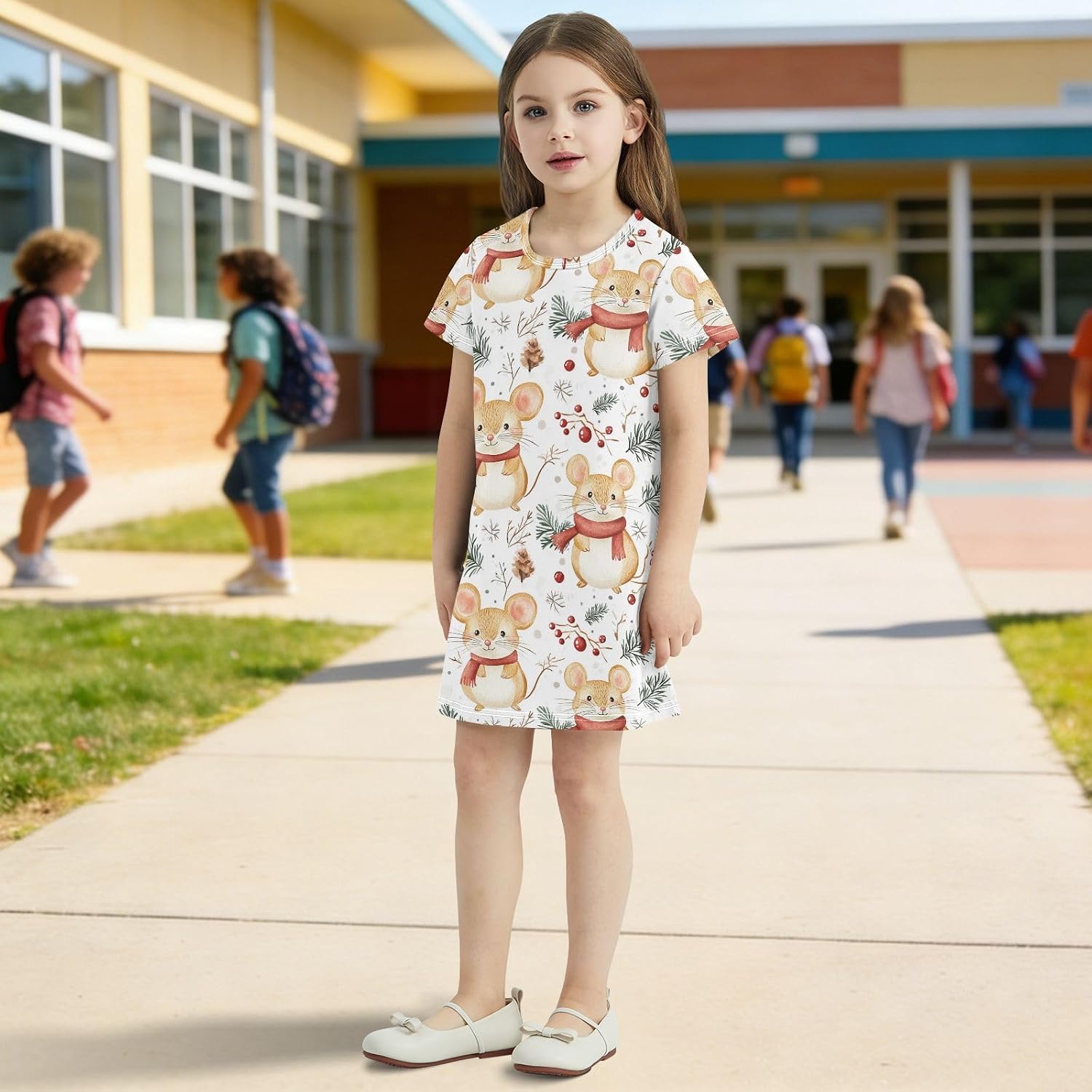 Watercolor Mouse Girls Dresses Summer Dresses for Girls with Cotton Short Sleeves for Casual a Line Dress Size 2-8Y