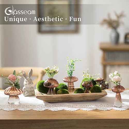 Miniatura 4 de Glasseam Jarrón de cristal ámbar con hongos bonito juego de 5 jarrones únicos para centros de mesa, jarrones decorativos para flores, florero de