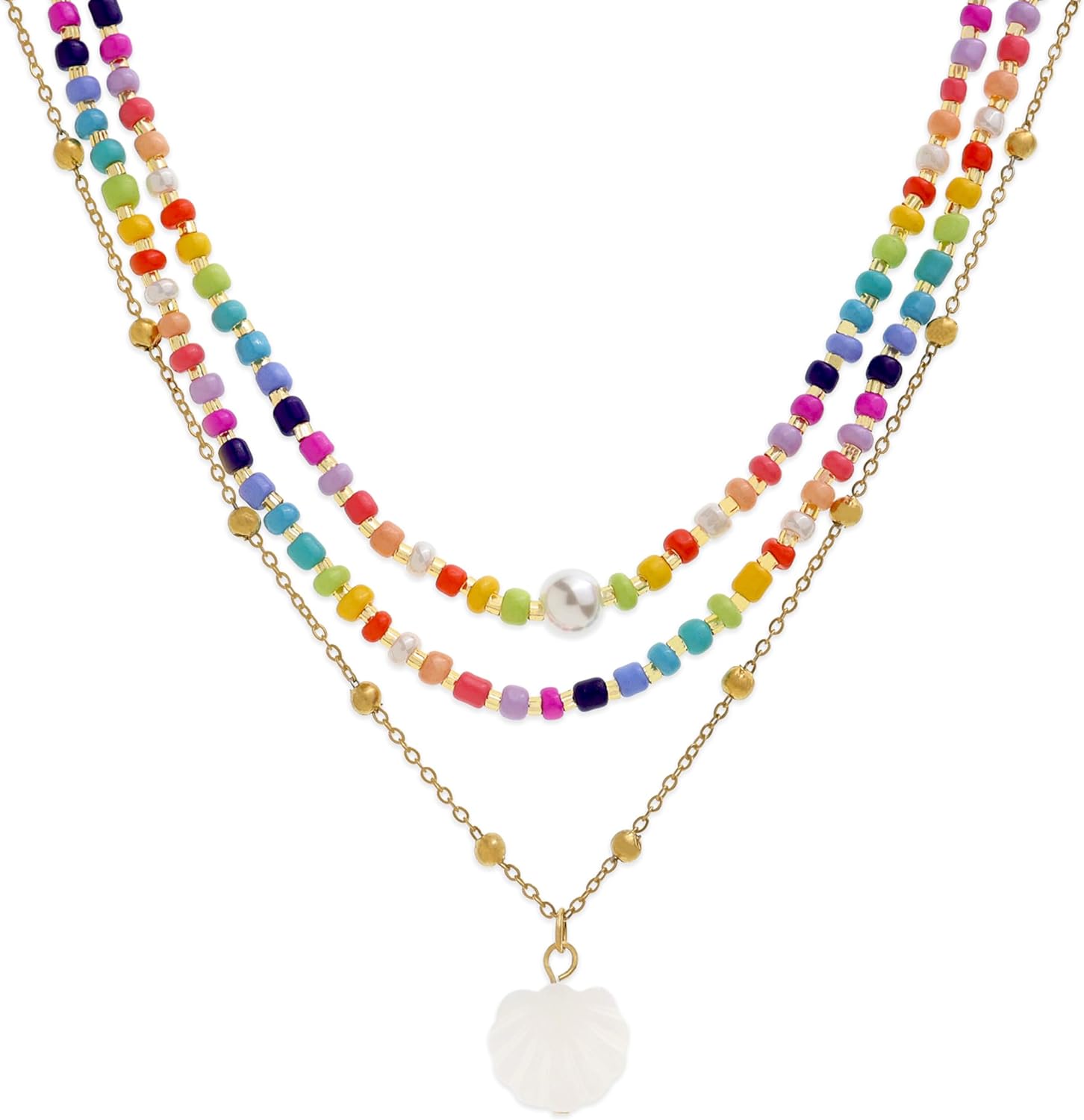 Rainbow Beads Pearl Layered Choker Necklaces Set for Women, Boho Handmade Adjustable Gold Beaded Shell Pendant Chain Necklace Outfit Accessories Jewelry Gift.