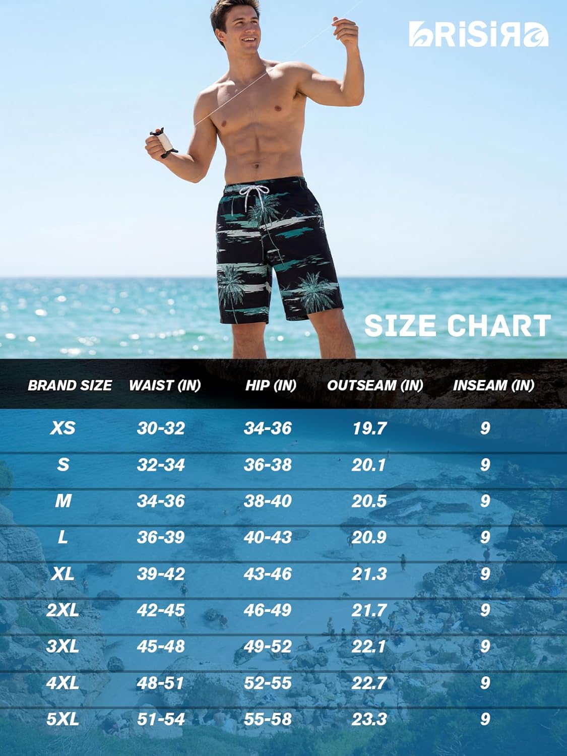 BRISIRA Mens Swim Trunks 9 Inch Inseam Compression Liner Bathing Suit Long Board Shorts Beach Swimsuit Anti Chafe Quick Dry