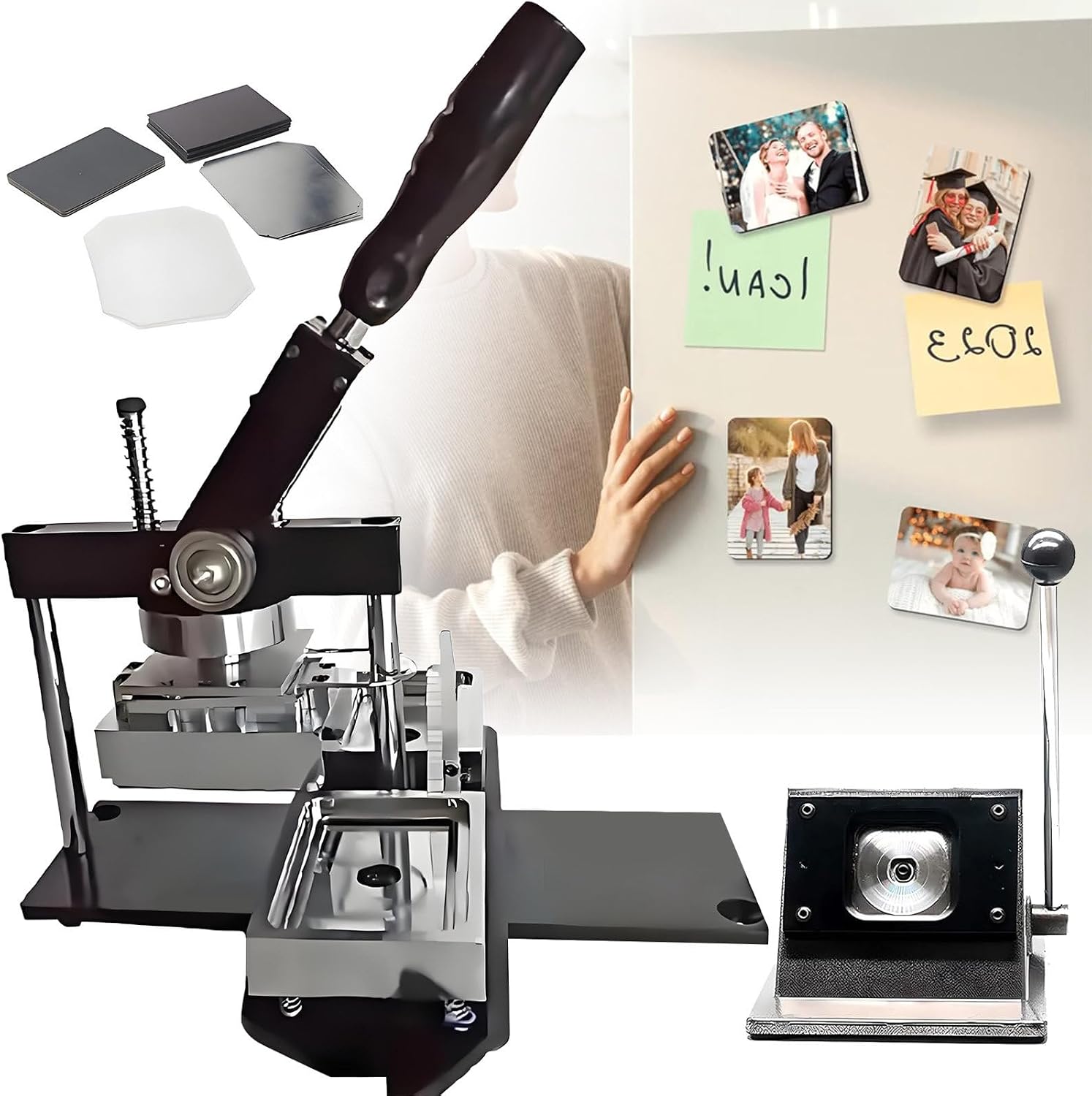 Square Magnet Maker Machine Kit, Fridge Magnet Button Badge Maker Machine with Paper Cutter + 100PCS Materials, DIY Photo Refrigerator Magnet Making Machine,90×65mm