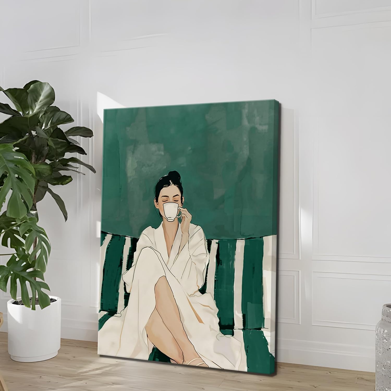 Emerald Green Canvas Wall Art Set of 3, Abstract Green Woman Wall Decor Paintings, Stripe Girl Coffee on Couch Posters Prints Picture for Living Room Bedroom Bathroom 12x16 Inch Framed
