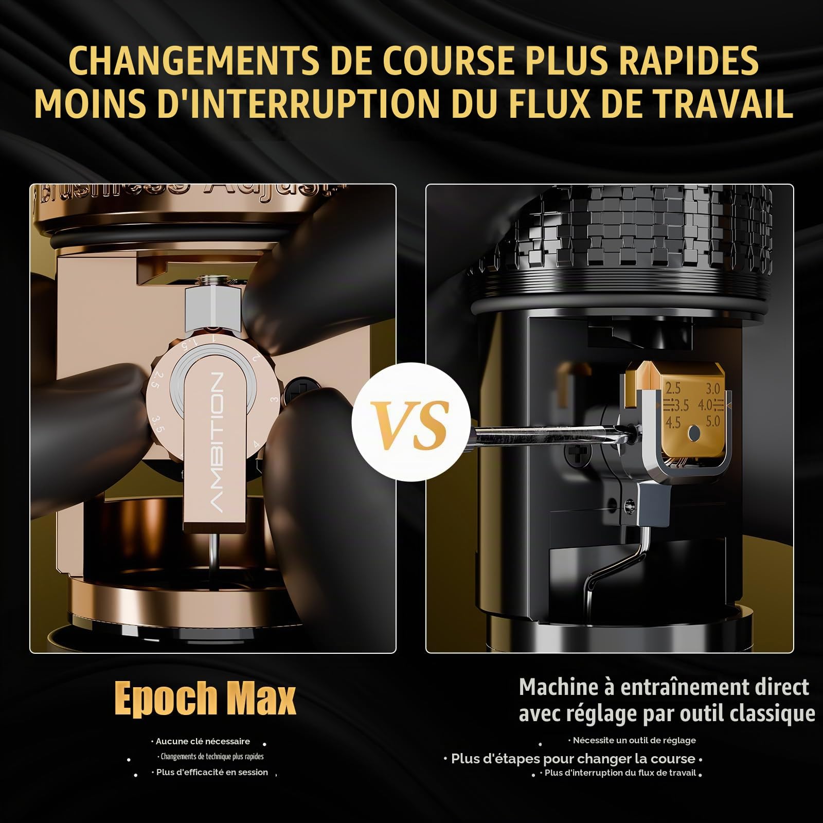 Ambition Epoch Max Machine à Tatouer Sans Fil - Machine Tatouage Rotative, Course Réglable sans Outil à Entraînement Direct, Moteur Brushless 270g.cm, Double Batterie 2400mAh pour Artistes Pros