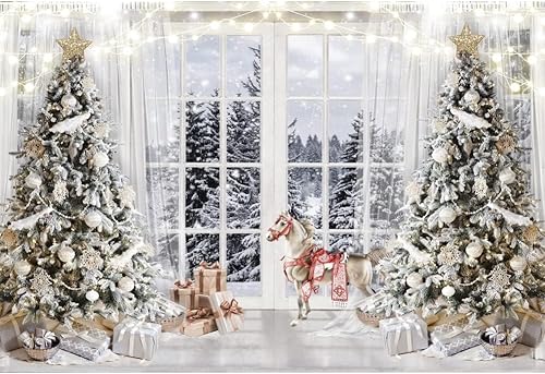 AOFOTO 7x5ft Christmas Window Backdrop Winter Snow Scene Xmas Trees Forest White