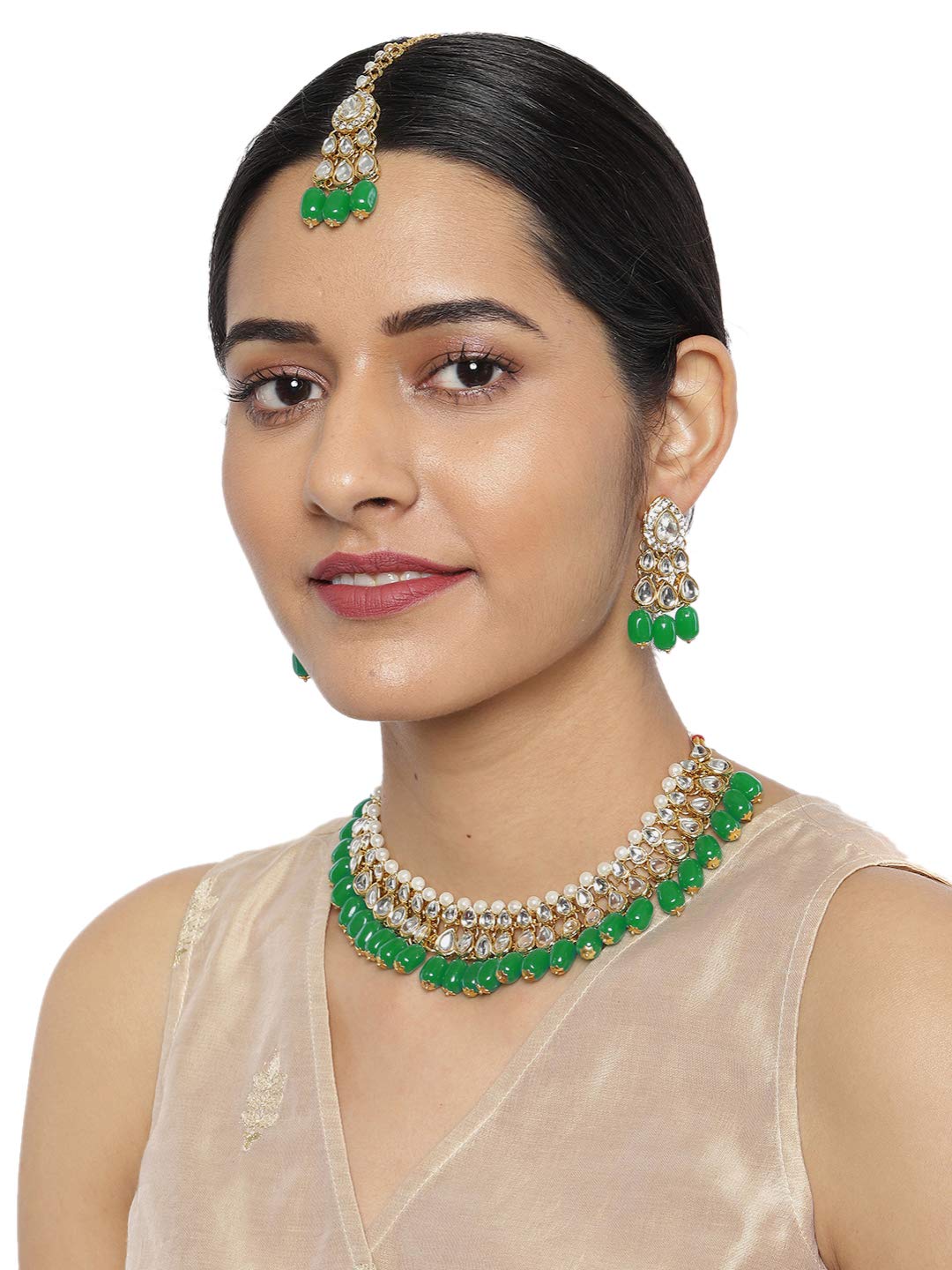 Women's Kundan & Dangling Green Beads Necklace Set