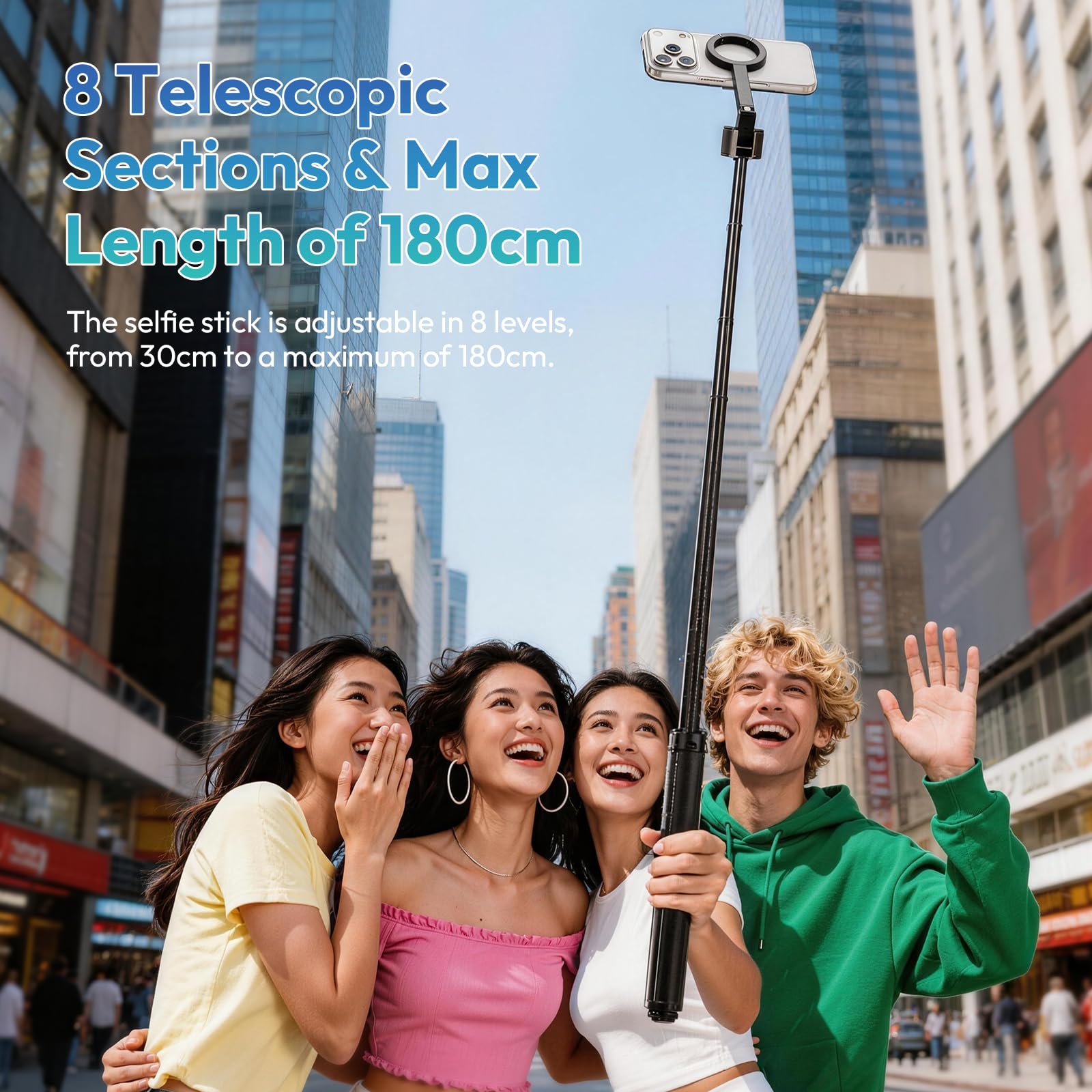 ULANZI SK-21 [2026 Ulepszony] 180cm Magnetyczny Statyw Telefonu 71", Automatycznie Otwierany/Zamykany Czteronożny, Kijek do Selfie z Bluetooth, Tripod kompatybilny z iPhone 17 16 15 14 13 12 Samsung