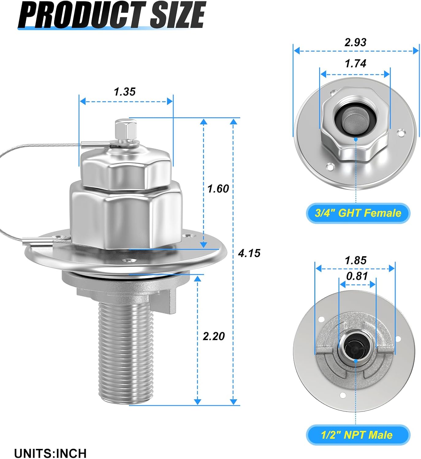 MEANLIN MEASURE All Metal RV City Water Inlet with Check Valve, Stainless Steel 3/4" GHT x 1/2" NPT RV Water Inlet Connection Replacement, RV Water Fill Inlet for RV Camper Motorhome Trailer Marine