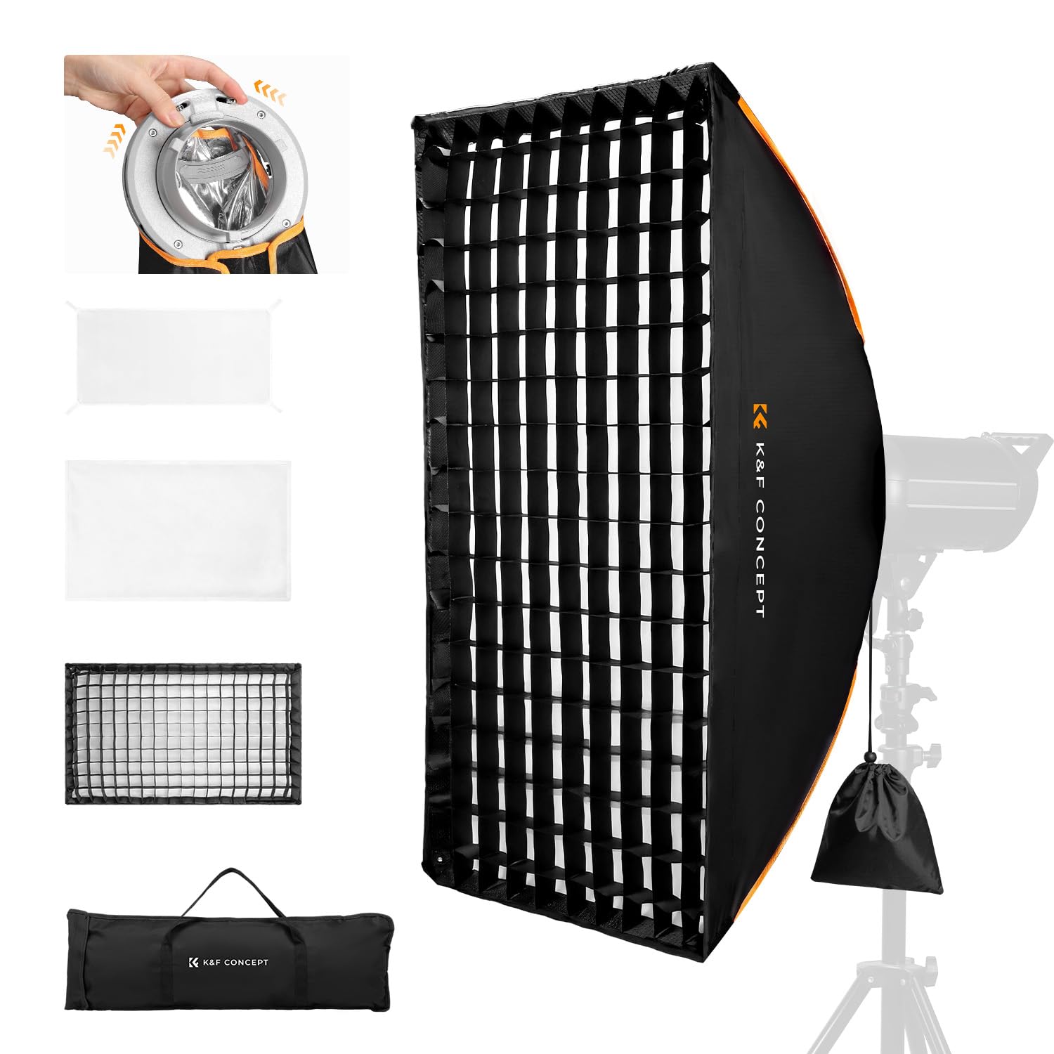 K&F CONCEPT Softbox Pieghevole 60×90Rapido, griglia+diffusore+borsa | Modificatore rettangolare Bowens Mount per luci COB, fotografia ritratto, streaming diretto, TikTok,LJ01