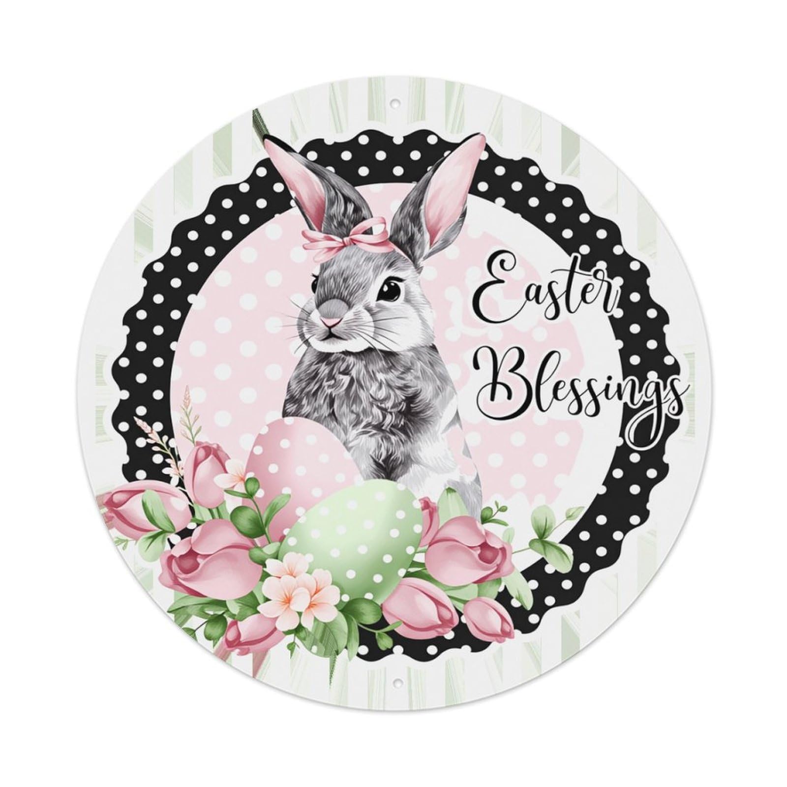 Easter Bunny Eggs Flowers Round Tin Sign Retro Metal Sign for Cafe Bar Pub Home Game Room Gym Club Wall Decoration Vintage Metal Poster 8x8 Inch