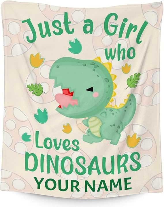 Personalized Dinosaur Blanket Gifts with Name - 50"x60" Cute Throw for Girls - Green Soft Fuzzy Blankets for Bed, Couch & Living Room