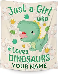 Personalized Dinosaur Blanket Gifts with Name - 50"x60" Cute Throw for Girls - Green Soft Fuzzy Blankets for Bed, Couch & Living Room