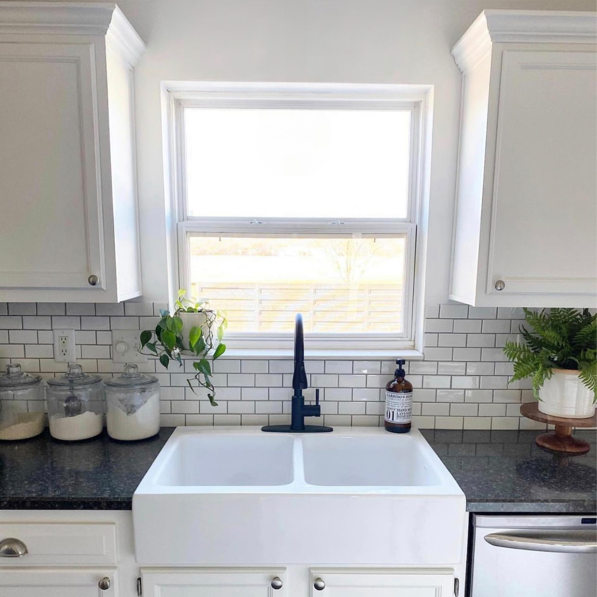 Condition photo showing New/Like New for Sinkology Parker 34 Inch White Fireclay Quick-Fit Drop-In Kitchen Sink, Double Bowl, Apron Front, Undermount Installation, Fits 36 Inch Cabinet, Surefire Finish