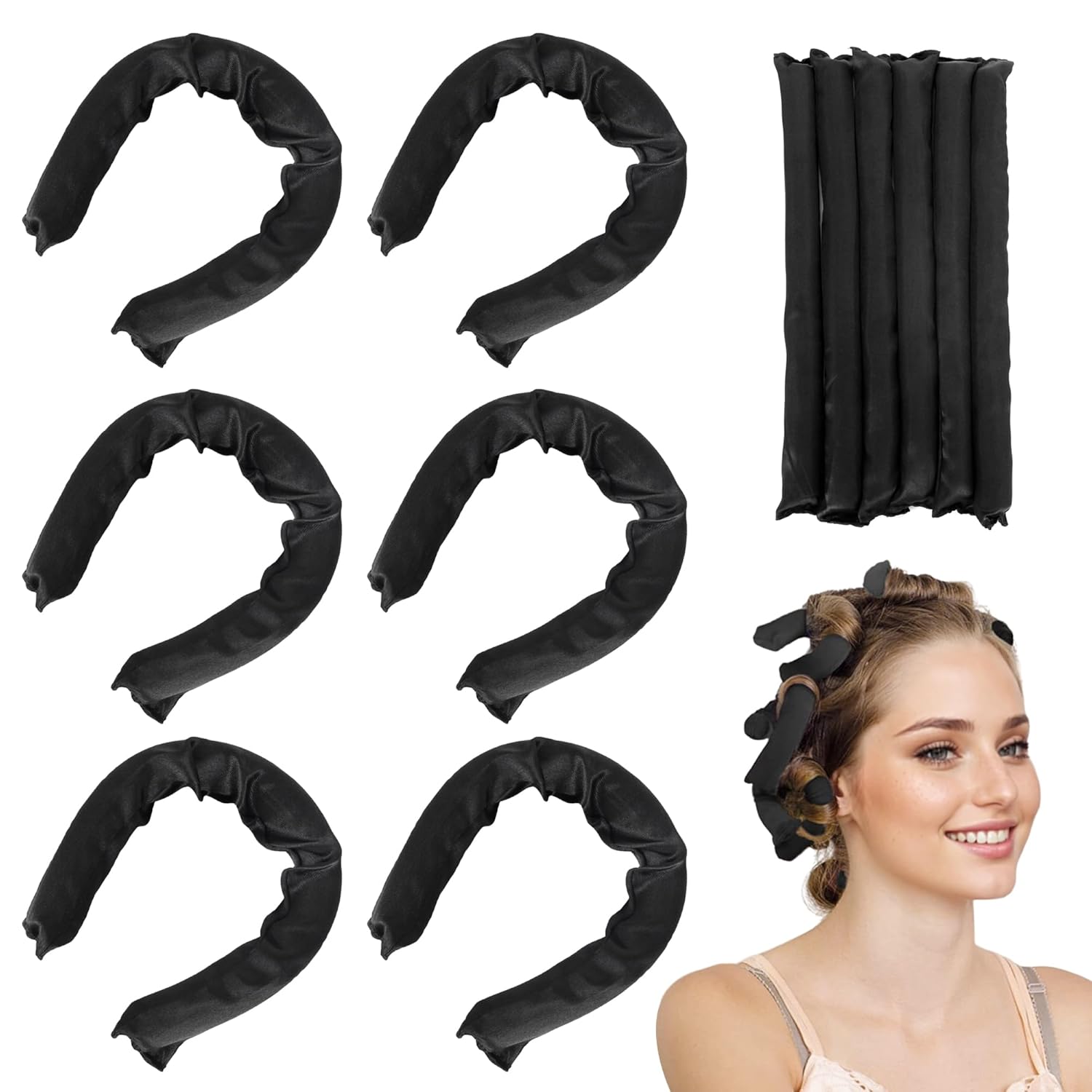 Black Satin Covered Heatless Overnight Curling Rods for Curls and Straight Short Hair – 6Pcs