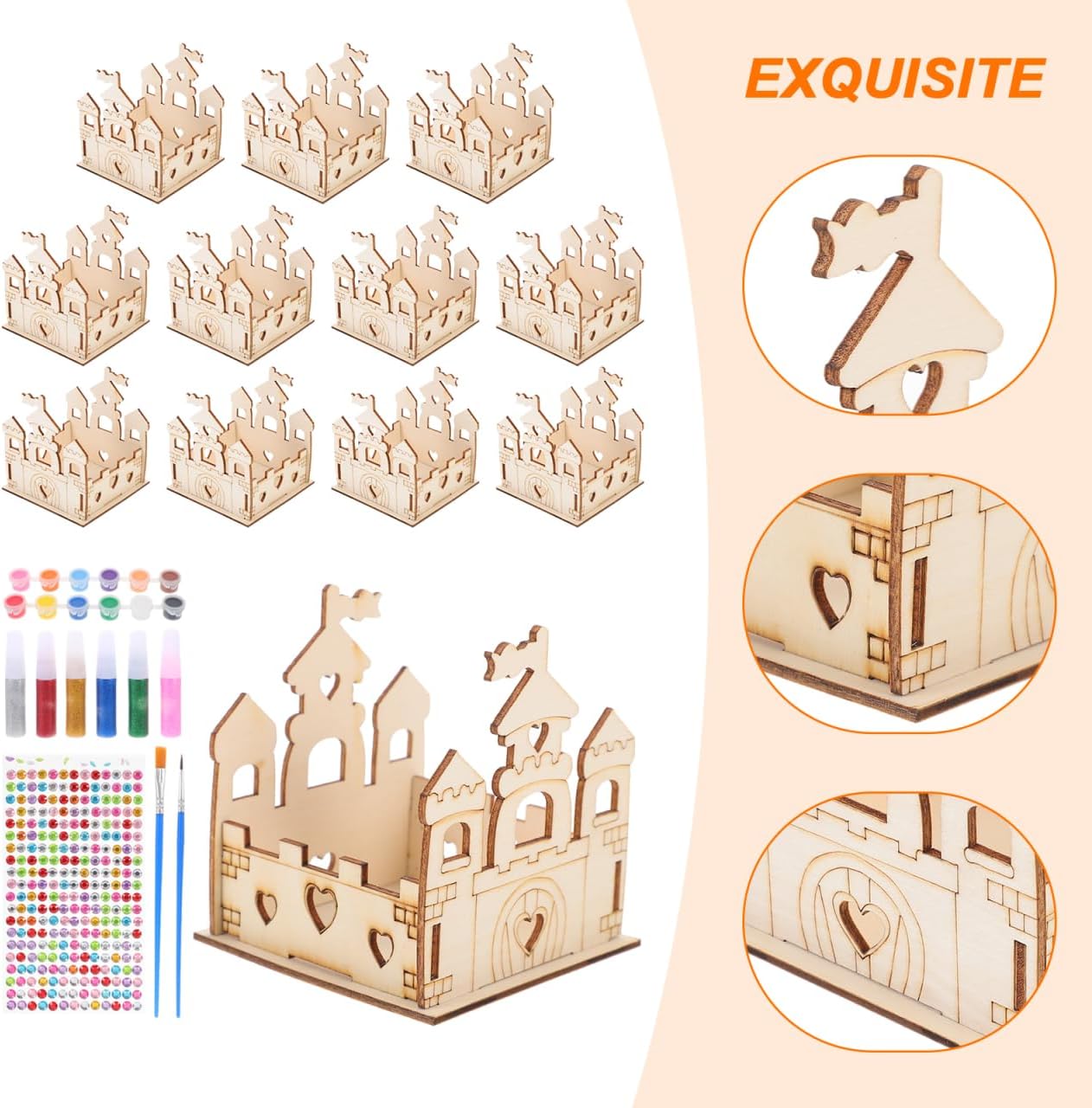 Homsfou DIY Wooden Castle Craft Kit for Kids 3.93In Paintable Unfinished Castle Plaything with Rhinestone Stickers Glitter Glue and Brushes for Birthday and Classroom Activities
