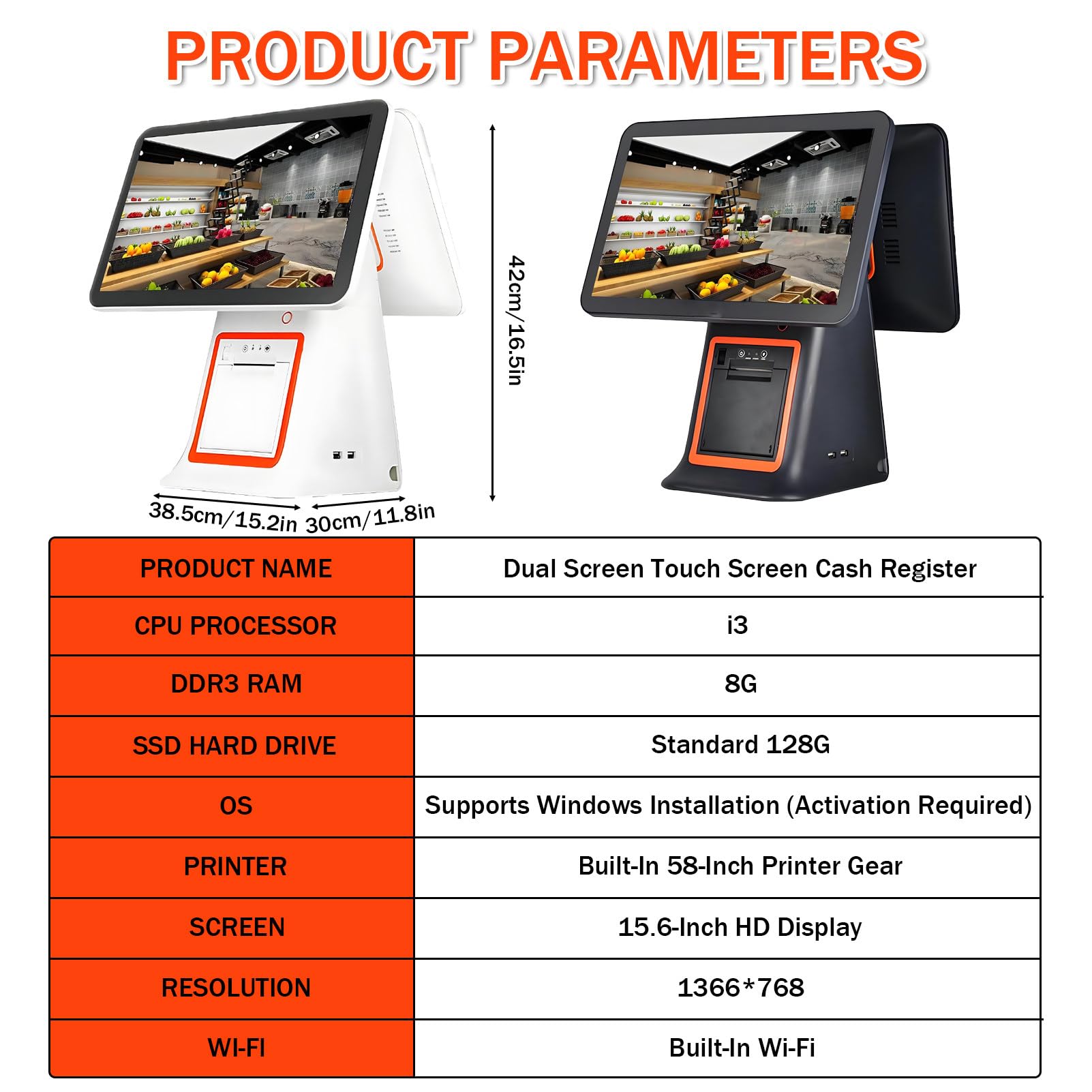 Sistema- TPV Profesional Todo en uno para pequeñas Empresas, Caja registradora con Pantalla táctil de 15,6" e Impresora de Recibos integrada, Pantalla para Clientes. White