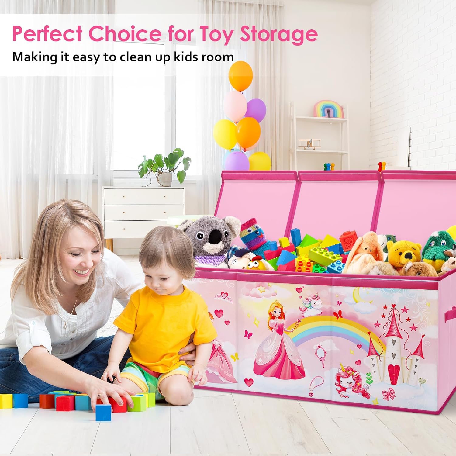 Large Toy Box Chest Organizer with Flip Lid for Kids, Collapsible Oxford Toy Storage Box with Handles for Boys Girls, Sturdy Waterproof Storage Organizer for Bedroom Playroom Nursery, 37.7×12.5×15.7''