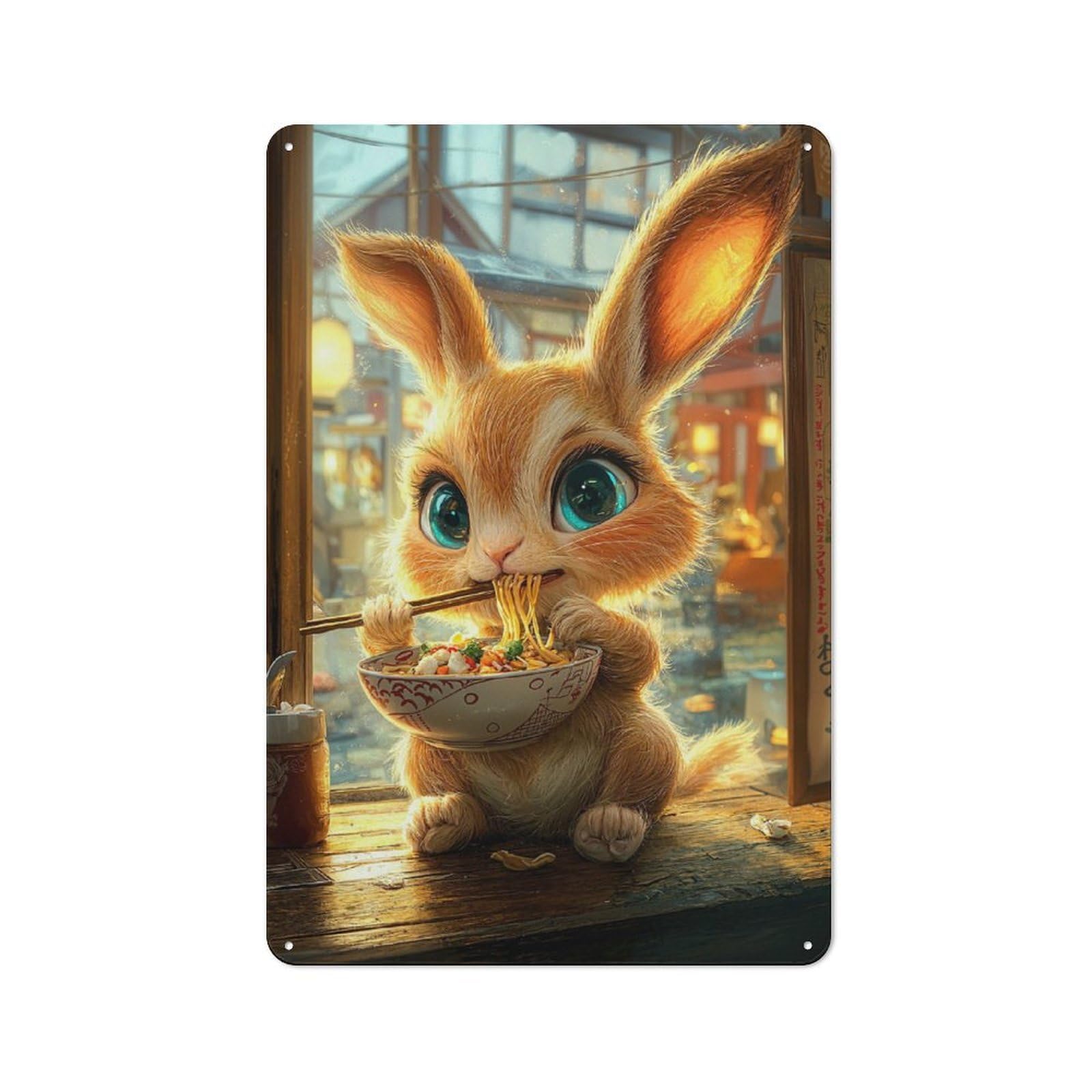 Cute Bunny Eating Ramen Clean Industrial Metal Wall Decor 30x20cm, Decorative Metal Plaque for Workspace, Cafe, Hallway Or Garage