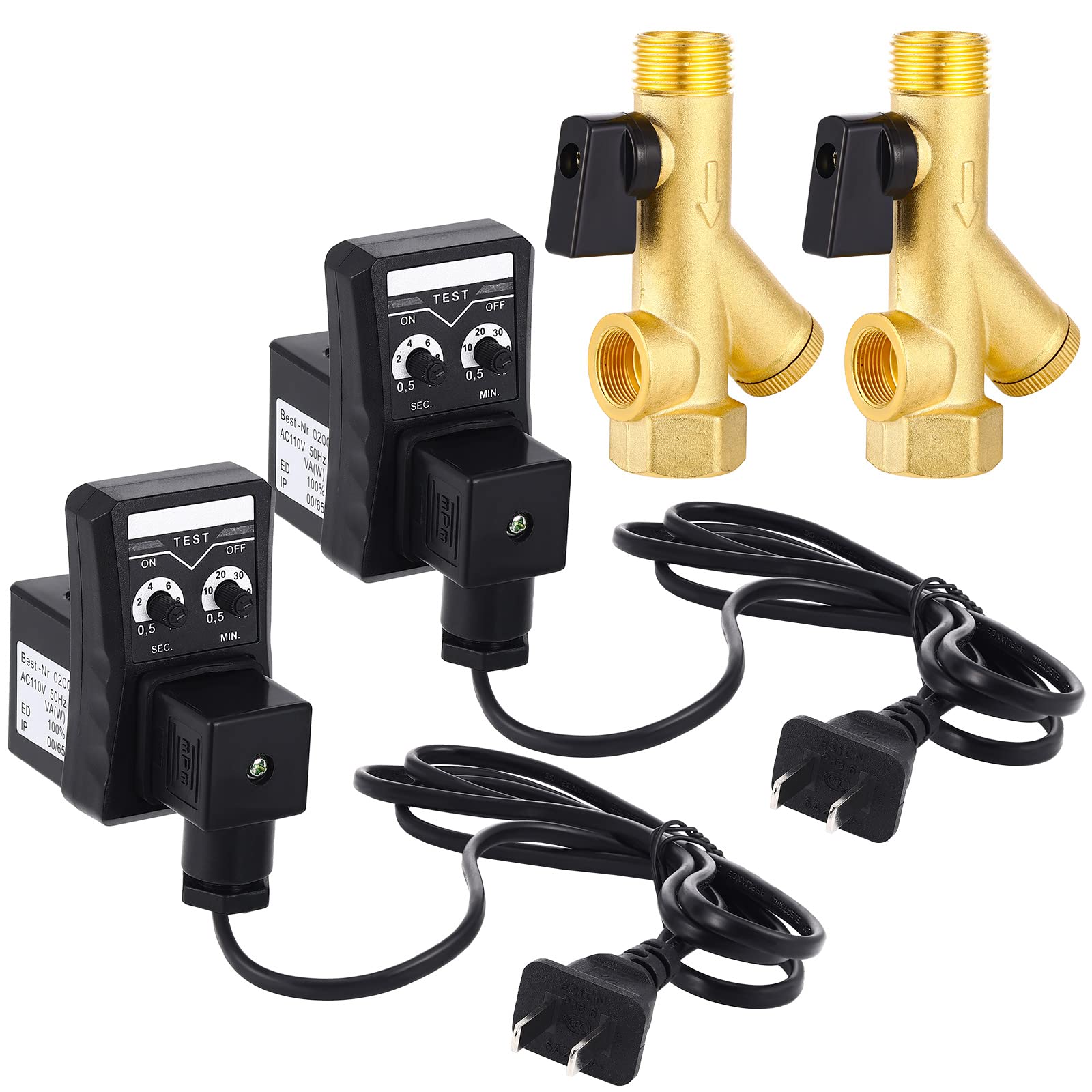 Bonuci 2 Sets Air Compressor Electronic Drain Valve and Tank Drain Automatic Valve Assembly Kit with Braided Steel Hose 1/4 Inch Npt Elbow Fitting and