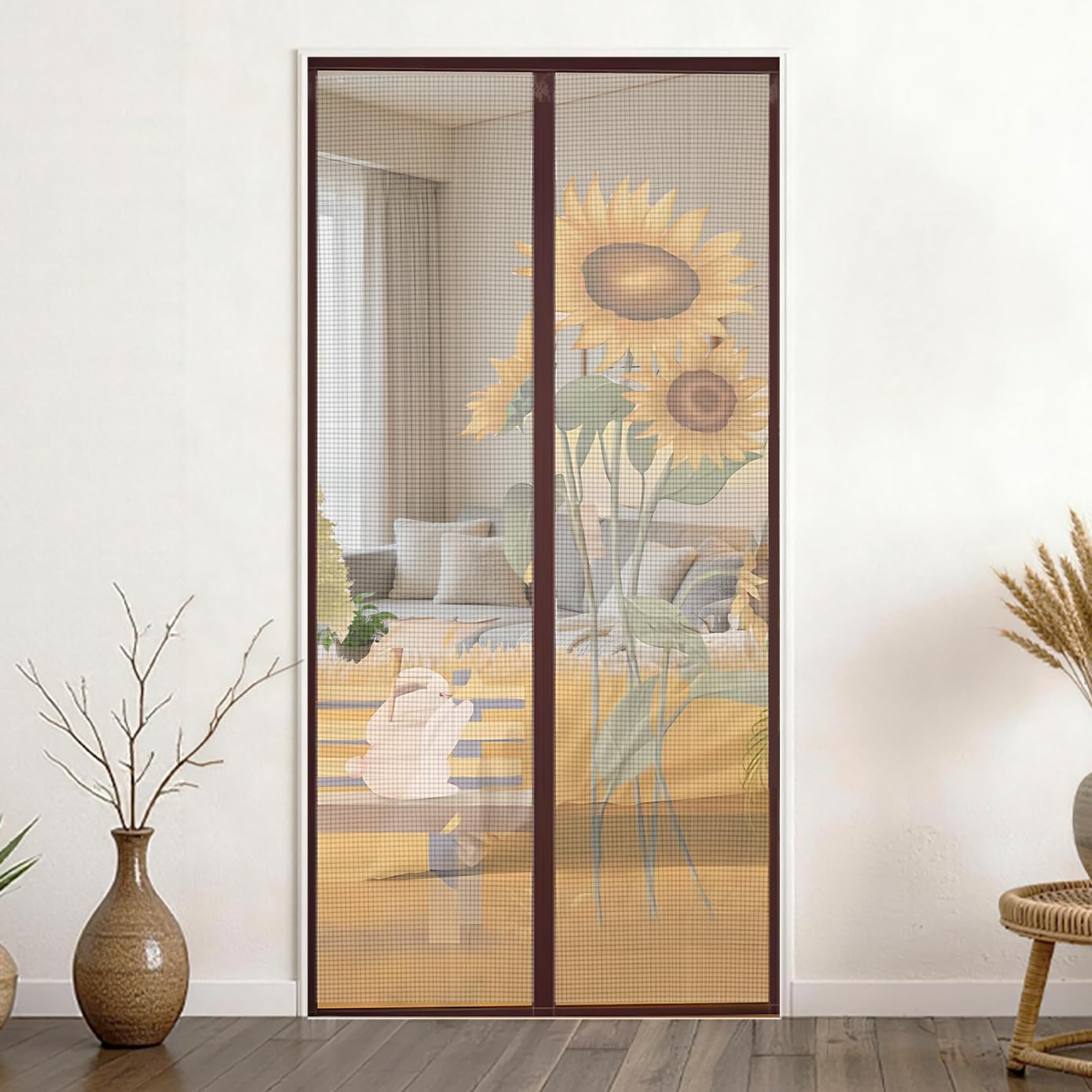View 1 of (Fine Mesh) Magnetic Screen Door 39 x 83 Inch Hands Free Door Screen with Magnetic Closure Fine Mesh Screen Net Hook and Loop Installation for Patio Porch Balcony Front Door Sunflower Rabbit Pattern