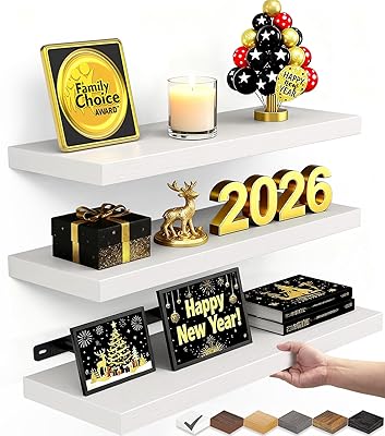 BAYKA White Floating Shelves for Wall – Rustic Wood Wall Shelves with Metal Brackets for Bathroom, Bedroom, Kitchen, or Living Room Decor Organization – Set of 3, Sturdy Storage with 22lb Capacity