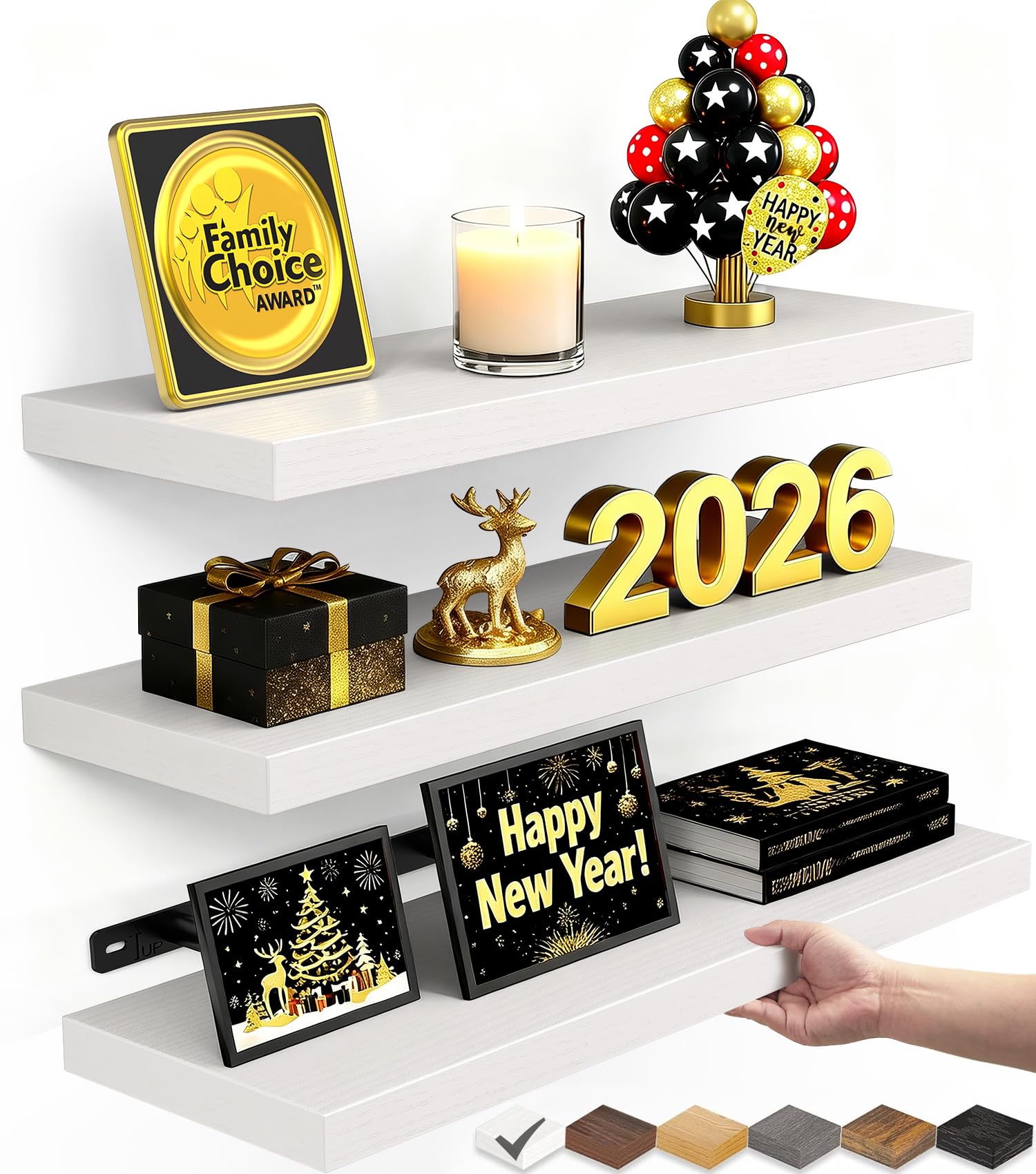 BAYKA White Floating Shelves for Wall – Rustic Wood Wall Shelves with Metal Brackets for Bathroom, Bedroom, Kitchen, or Living Room Decor Organization – Set of 3, Sturdy Storage with 22lb Capacity