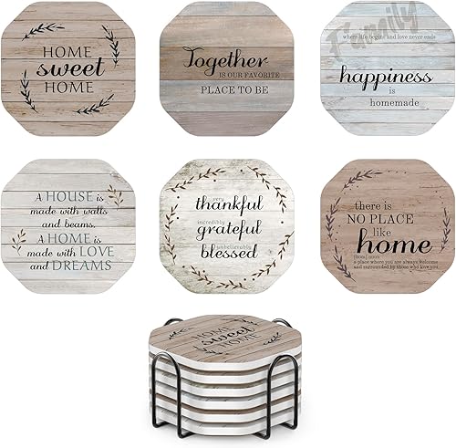 Miniatura 1 de UMIRRO Posavasos rústicos para decoración de mesa auxiliar, juego de posavasos de cerámica con soporte para mesa de madera, bonitos posavasos